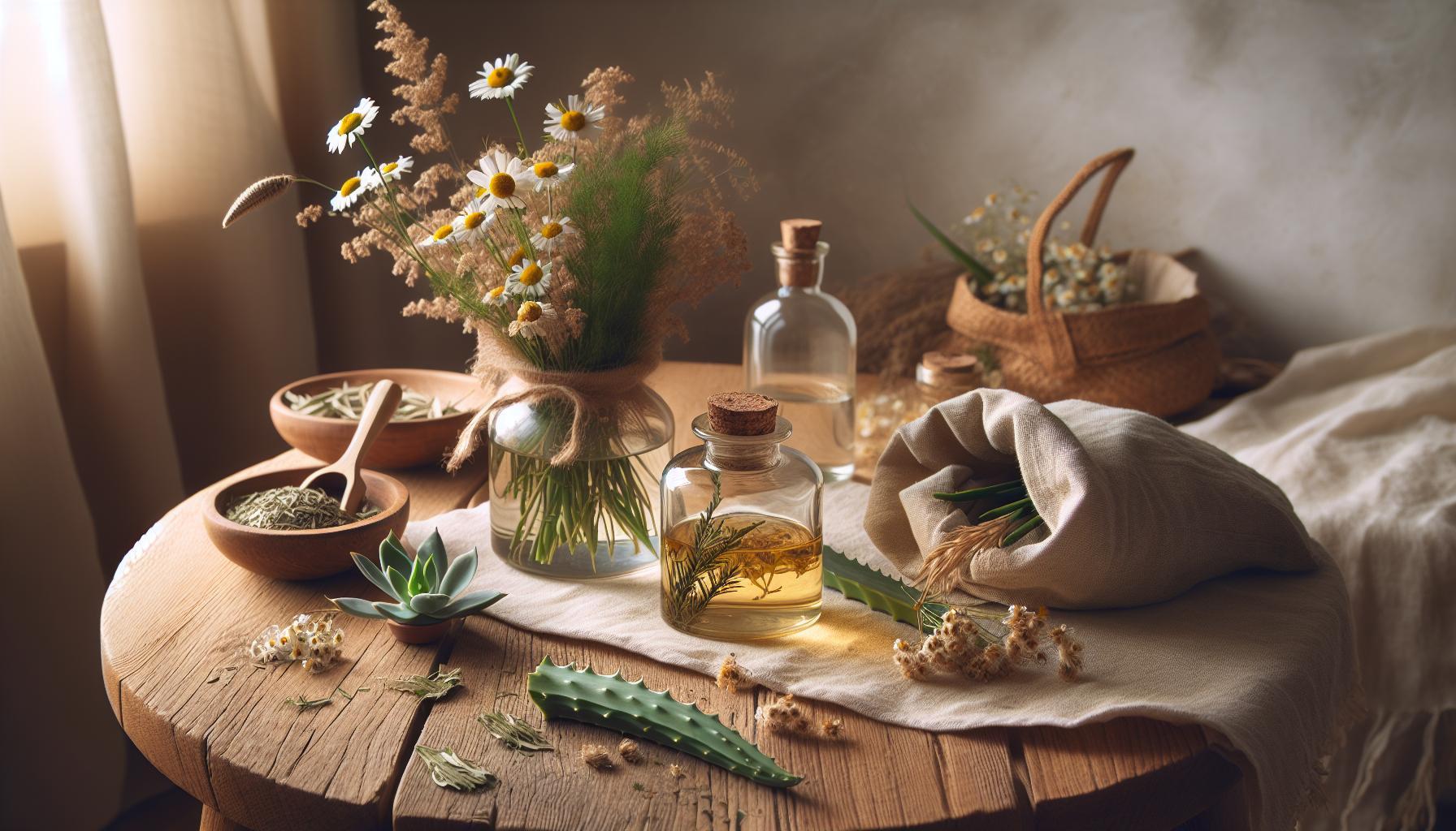Plíseň Na Kůži Babské Rady: Vyléčte Ji Přírodně 3 a rustic wooden table displaying natural remedies with dried herbs, essential oils, aloe vera, and wildflowers for skin care and home treatments