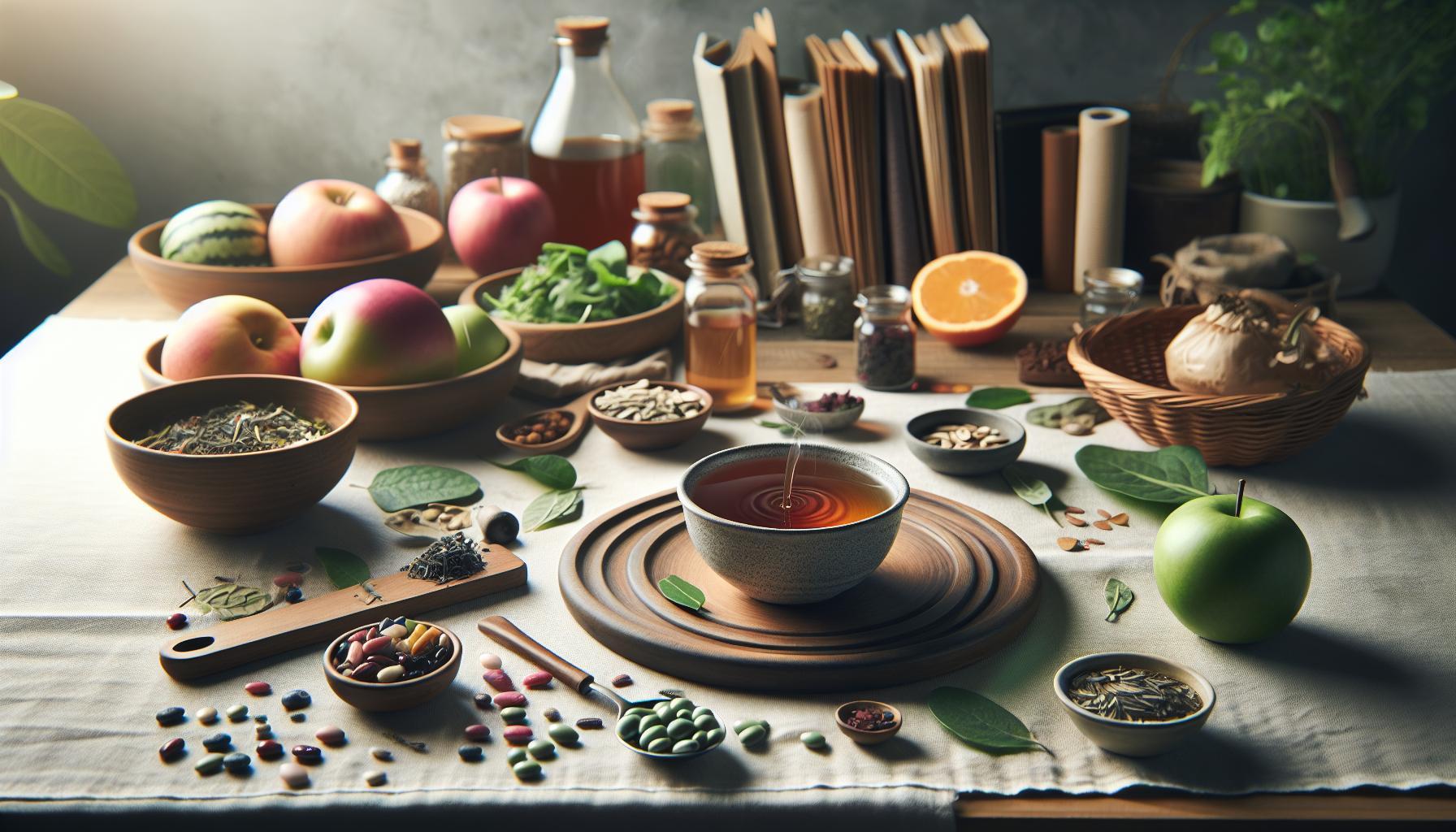 Zácpa Babské Rady: Úleva Ještě Dnes 1 a wooden table displaying natural ingredients like dried herbs, loose tea blends, fresh apples, citrus, seeds, and spices for improving střevní trávení and úleva od zácpy