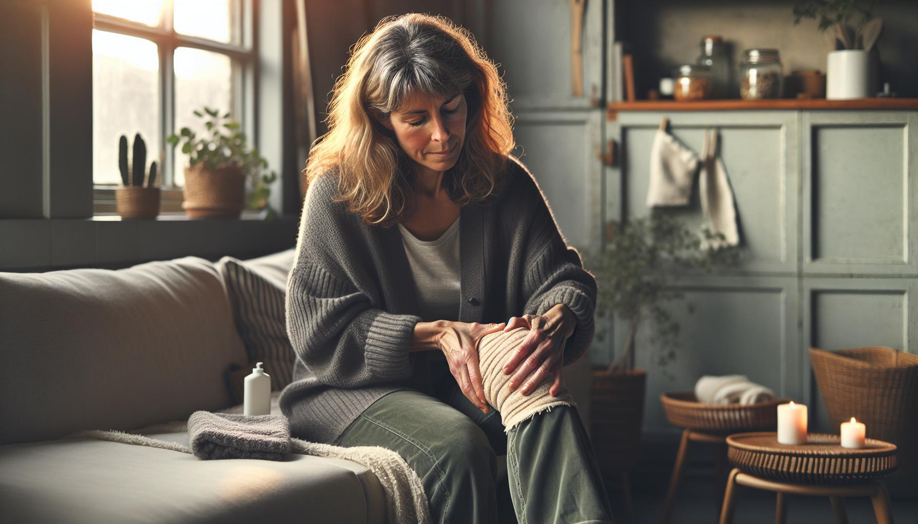 a person applying a cold compress to their knee at home for joint care and recovery