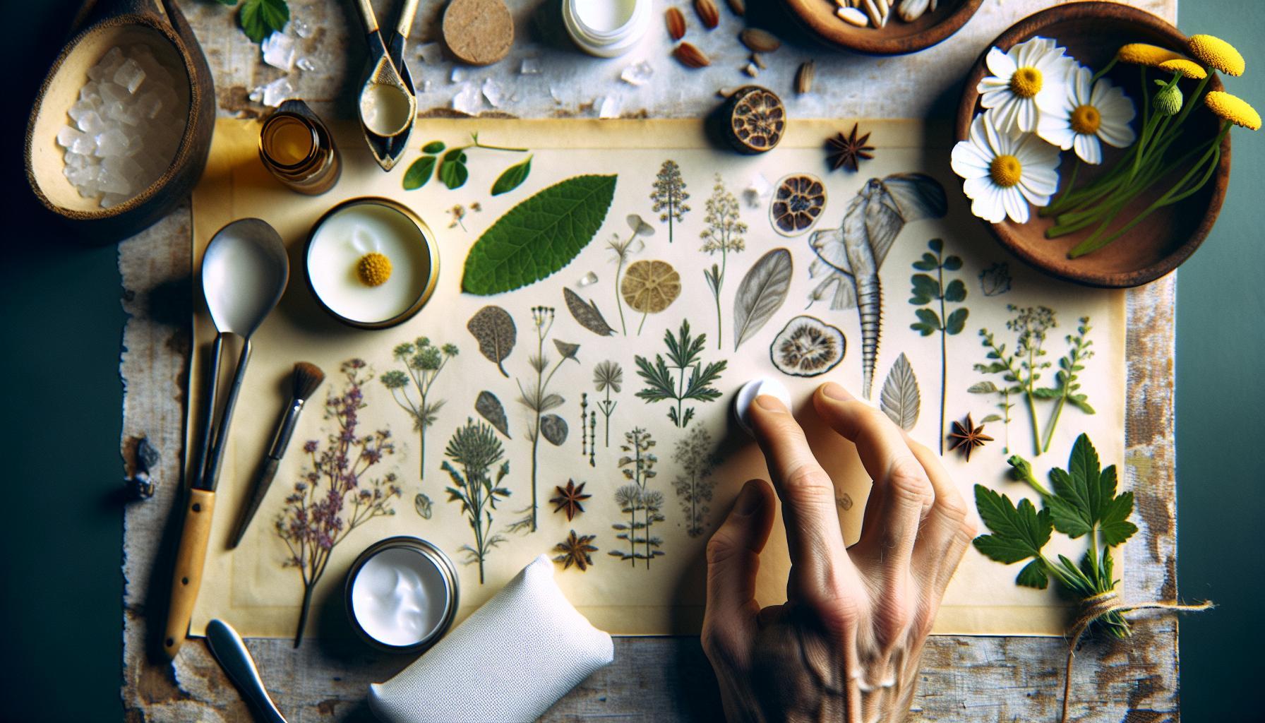 a hand holding a cloth over a vintage herbal guide with surrounding natural remedies like arnica, comfrey, and chamomile, illustrating babské rady na modřiny.