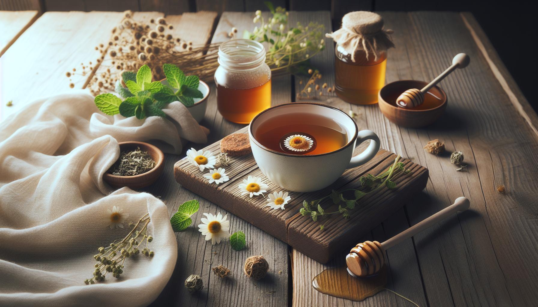 Angína Babské Rady: Zdravé Hrdlo Za 3 Dny 1 a rustic wooden table displaying herbal tea with chamomile, honey jars, ginger root, thyme, and cloves for natural soothing remedies for a healthy throat and inflammation relief