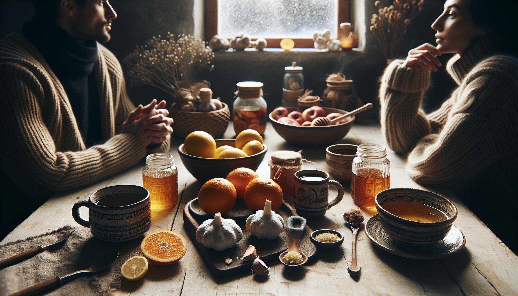 Babské Rady Na Posílení Imunity: Neznemocníte Celou Zimu 1 a cozy wooden table with traditional jars of honey, fresh citrus fruits, garlic, apples, herbal tea, and spices, evoking babské rady for natural energy and posílení imunity during zima.