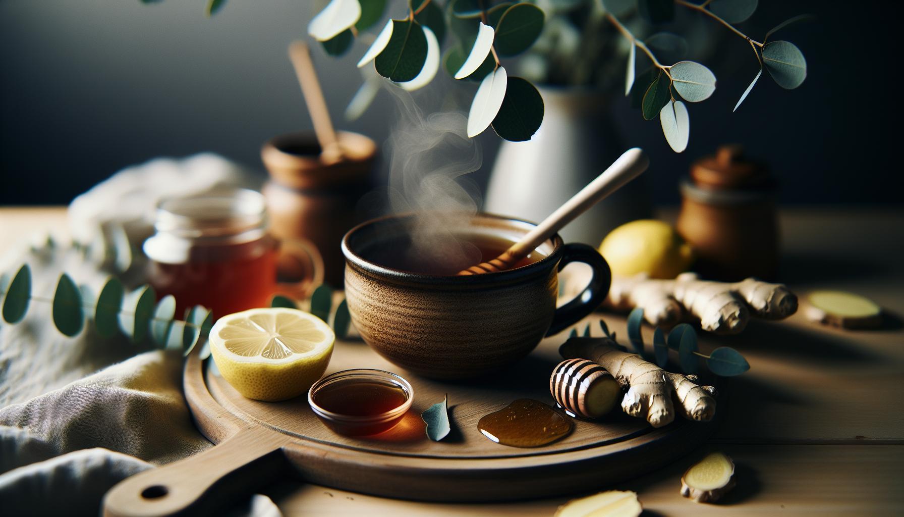 a steaming bowl of herbal tea with lemon, honey, ginger, and eucalyptus leaves on a rustic wooden tray, evoking natural remedies for calming nerves.