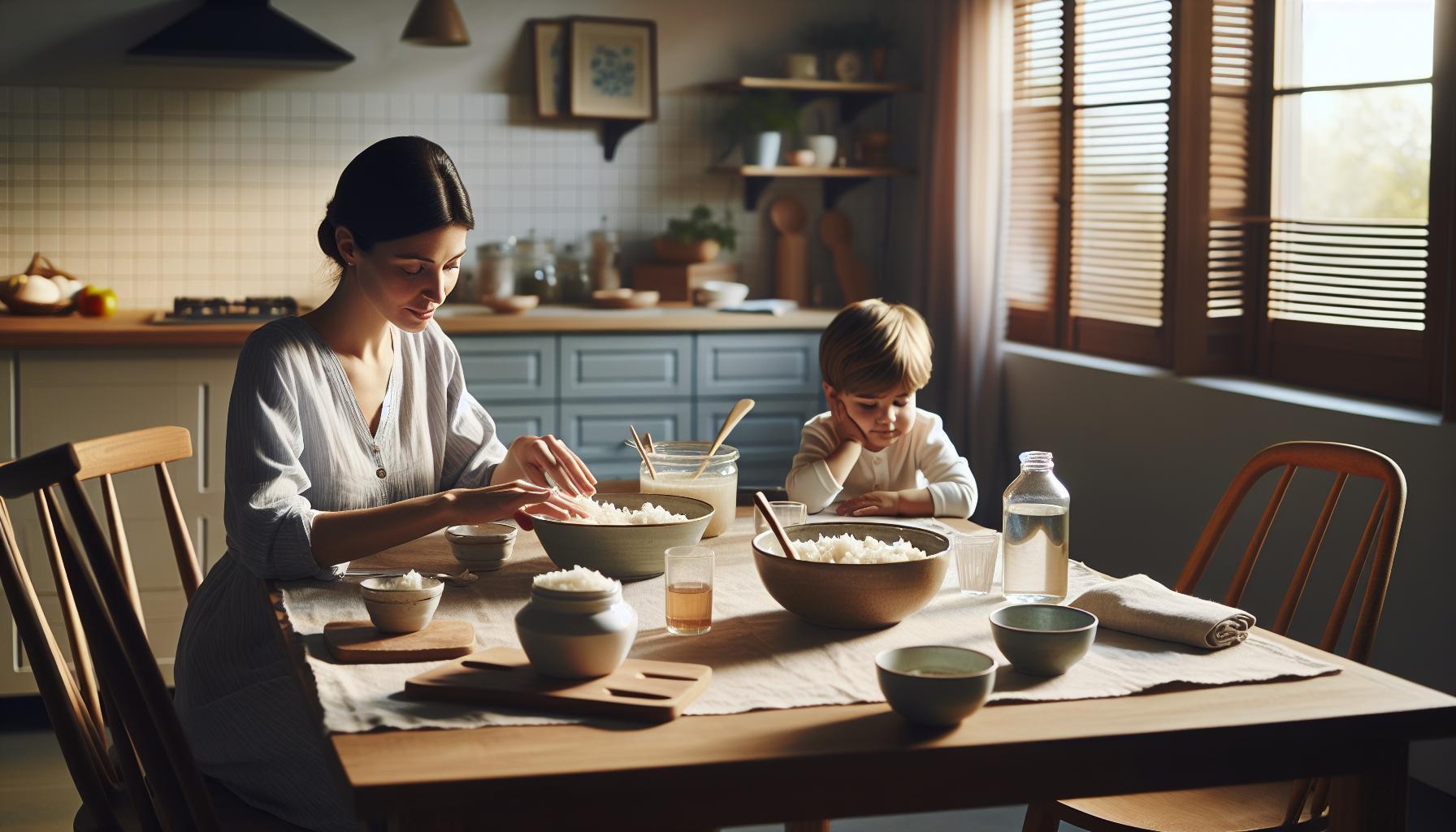 a mother and child preparing natural rice porridge at a wooden table with bowls, spoons, and calming herbal tea, suggesting home remedies for soothing a child’s stomach.