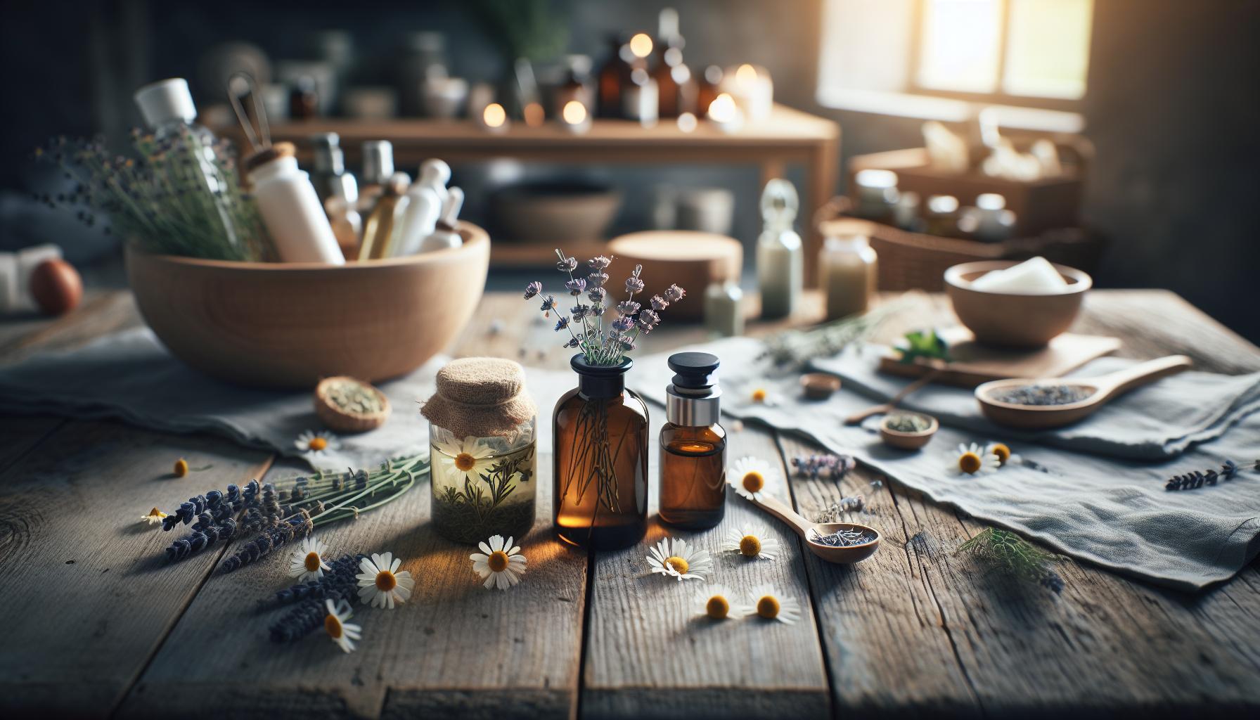 a rustic wooden table displaying traditional herbal remedies, dried lavender, chamomile, and small glass bottles with infused oils, evoking natural wellness and folk medicine techniques.