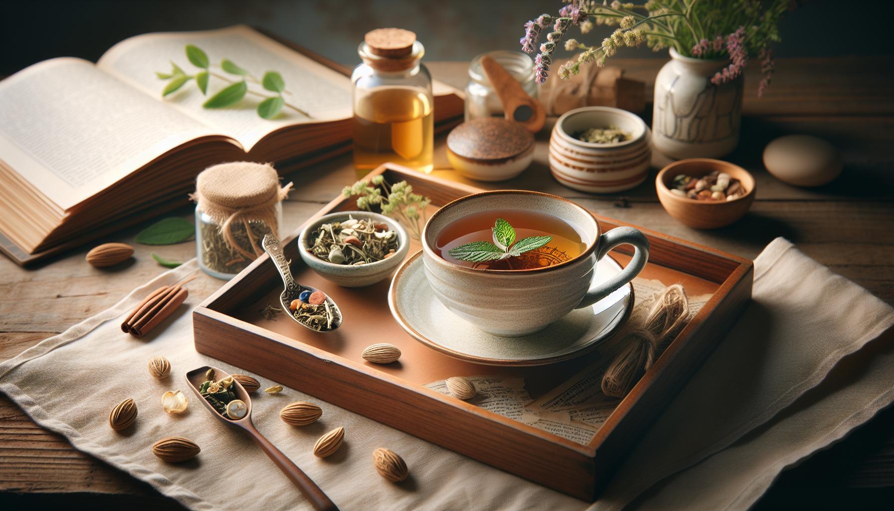 Babské Rady Na Bolavé Klouby: Konec Artrózy A Bolesti 1 a wooden tray with herbal tea featuring mint leaf, surrounded by natural ingredients like almonds, cinnamon sticks, dried herbs, and jars of oils, evoking traditional home remedies for joint relief