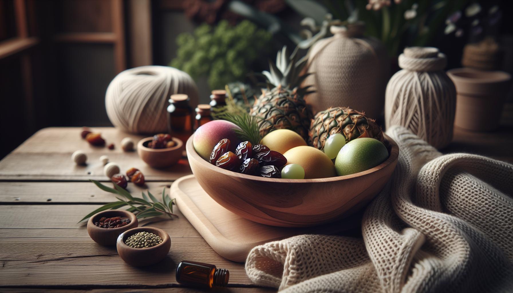 a wooden table displaying natural items like pineapple, figs, dates, and herbal remedies used in traditional přírodní metody vyvolání porodu.