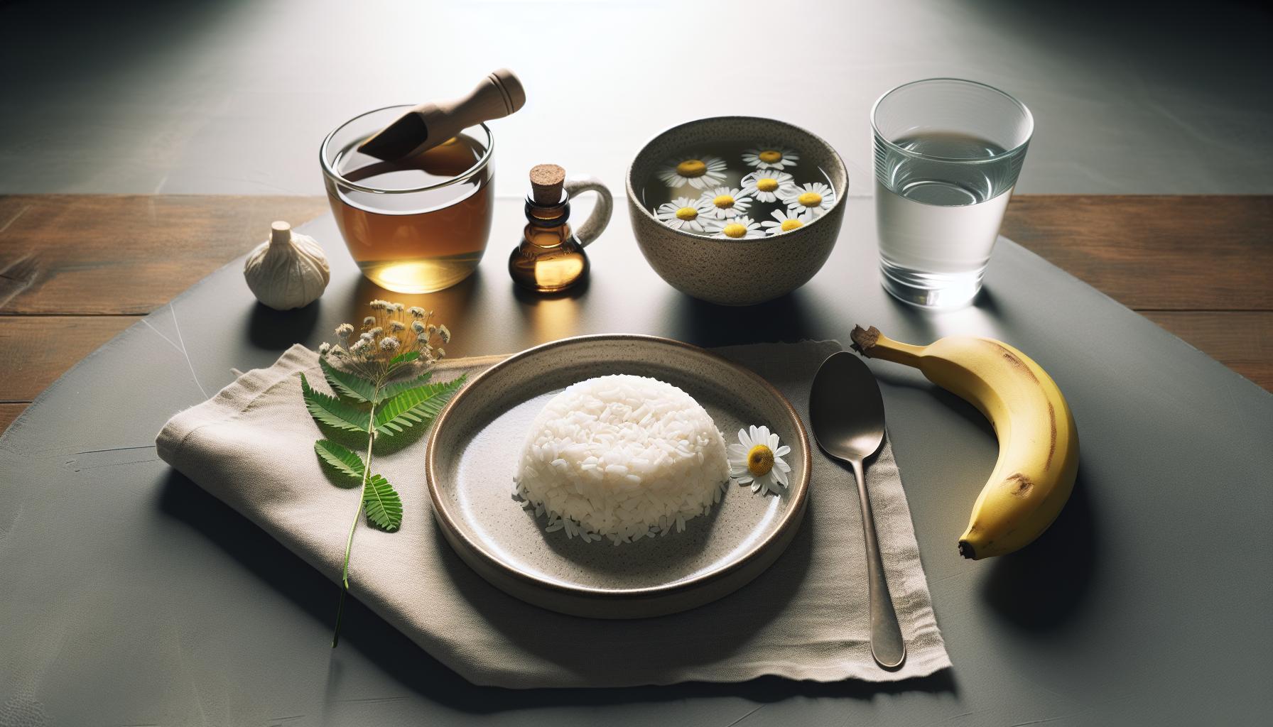 Co Pomáhá Na Průjem Babské Rady: 5 Zaručených Řešení 1 a wooden table displaying rice with daisy garnish, herbal tea in a mortar, garlic clove, floral-infused water, glass of water, banana, and a small oil bottle for natural hydration and digestive relief.