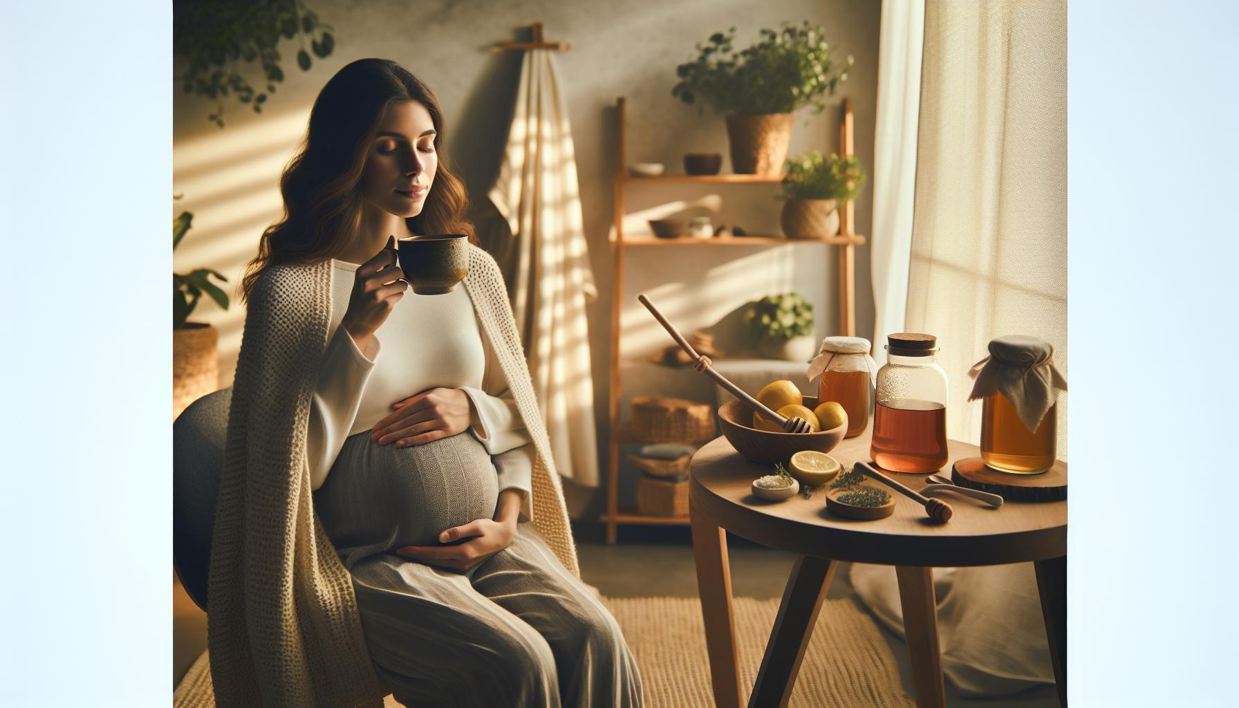 Babské Rady Na Kašel V Těhotenství: Bezpečné Metody Pro Těhotné 3 a pregnant woman holding a warm cup, sitting near natural remedies like honey jars, herbs, and lemons for soothing throat relief