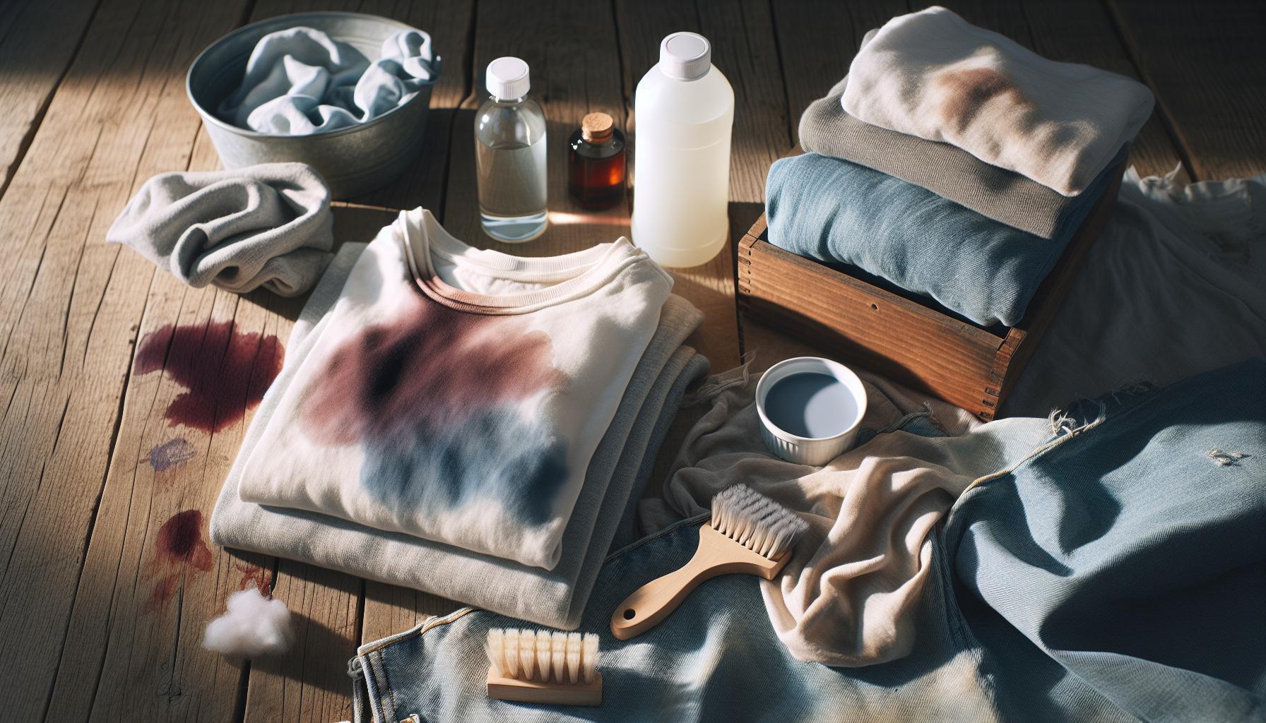 Babské Rady Obarvené Prádlo: Zachraňte Ho Jedním Trikem 1 stained light-colored sweater on wooden surface with natural stain-removal items like cotton balls, brushes, vinegar, and essential oils for gentle, eco-friendly prádlo obnovit