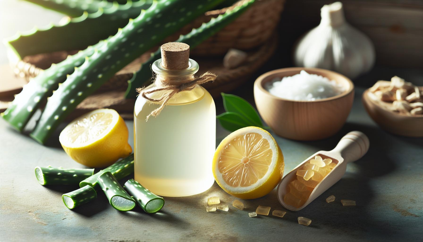 Babské Rady Na Lupy: Zmizí Navždy S Těmito Triky 1 natural homemade remedy ingredients including aloe vera leaves, lemon slices, olive oil in a bottle, and sugar cubes for treating healthy skin and hair, possibly for soothing scalp issues