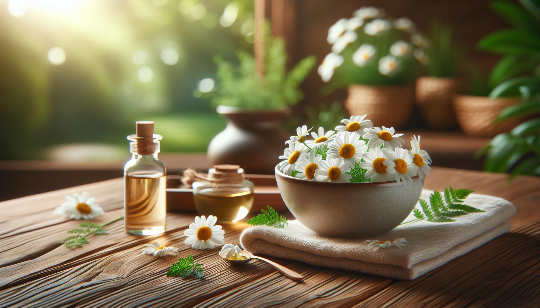 Jak Na Hemoroidy Babské Rady: Konec Nepohodlí A Bolesti 12 a wooden table displaying a bowl of fresh chamomile and daisy flowers, small bottles of essential oils, and herbal elements for natural home remedies.
