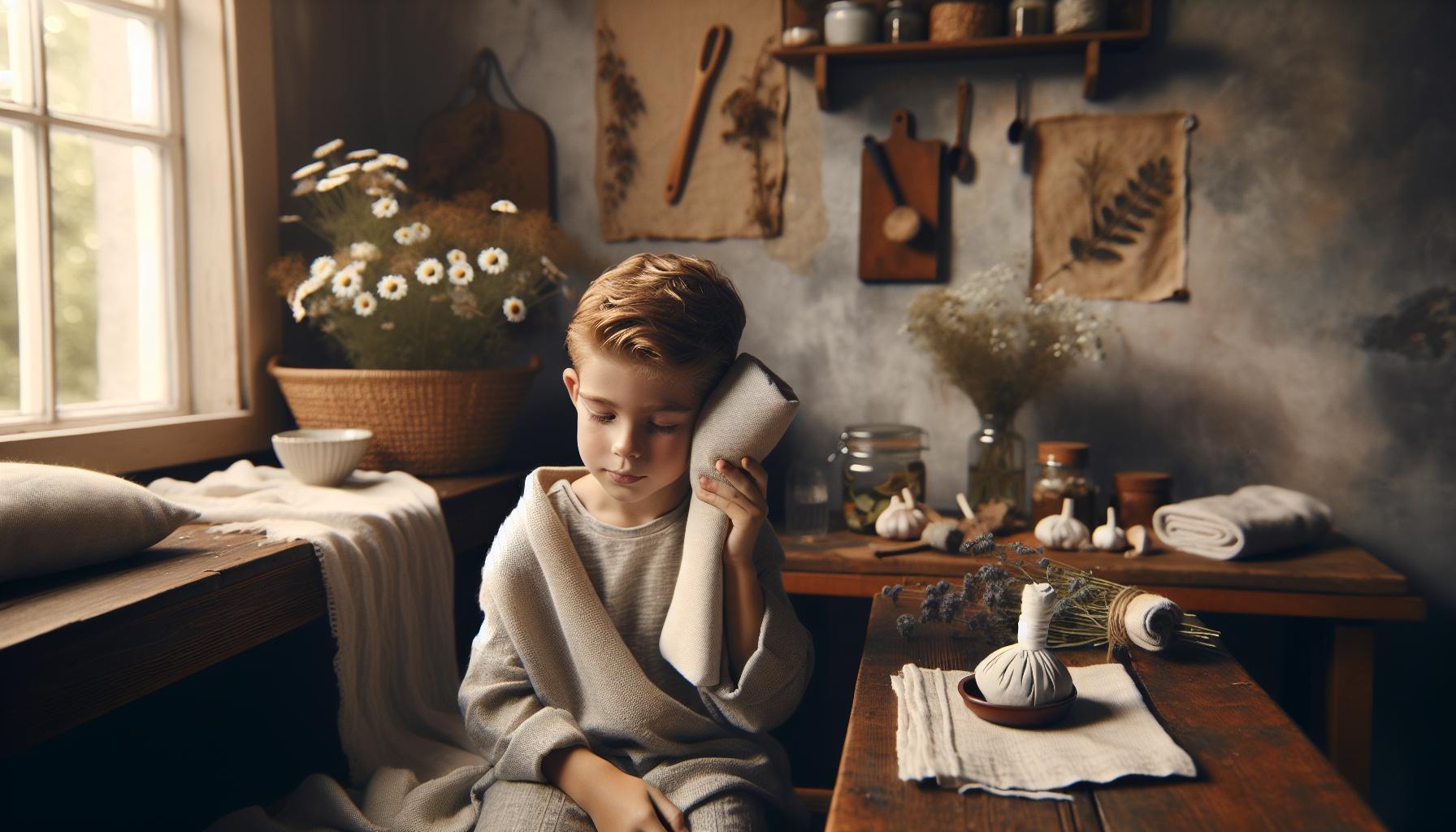 Co Na Bolest Ucha U Dětí Babské Rady: Pomoc Bez Lékaře 1 a young child resting with a warm compress on their ear in a cozy herbal remedy room filled with dried plants, flowers, and traditional wellness items.