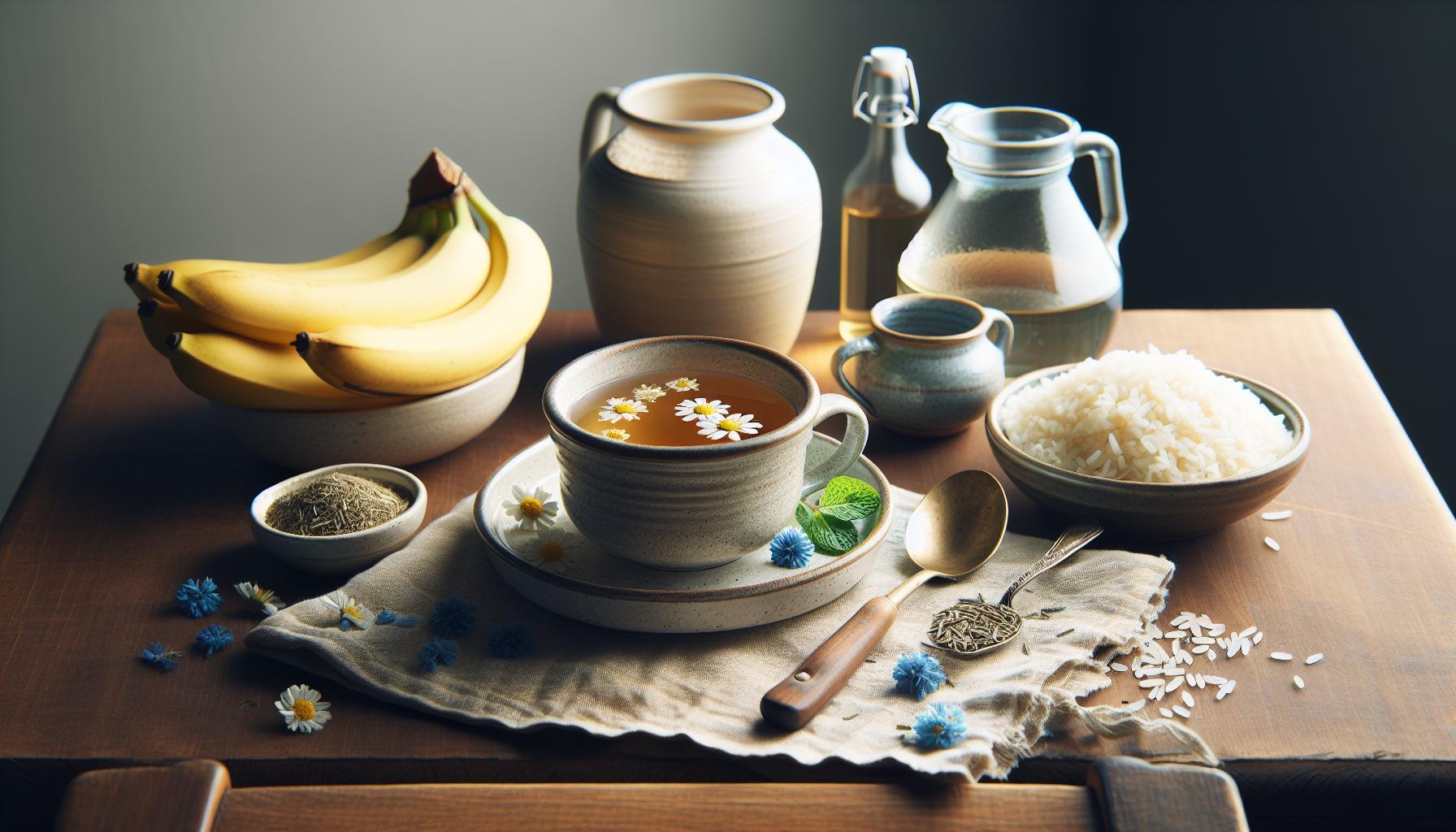 a wooden table with a cup of herbal tea garnished with flowers, rice in a bowl, bananas, and containers of liquids, suggesting natural remedies for hydration and gentle digestion during recovery.