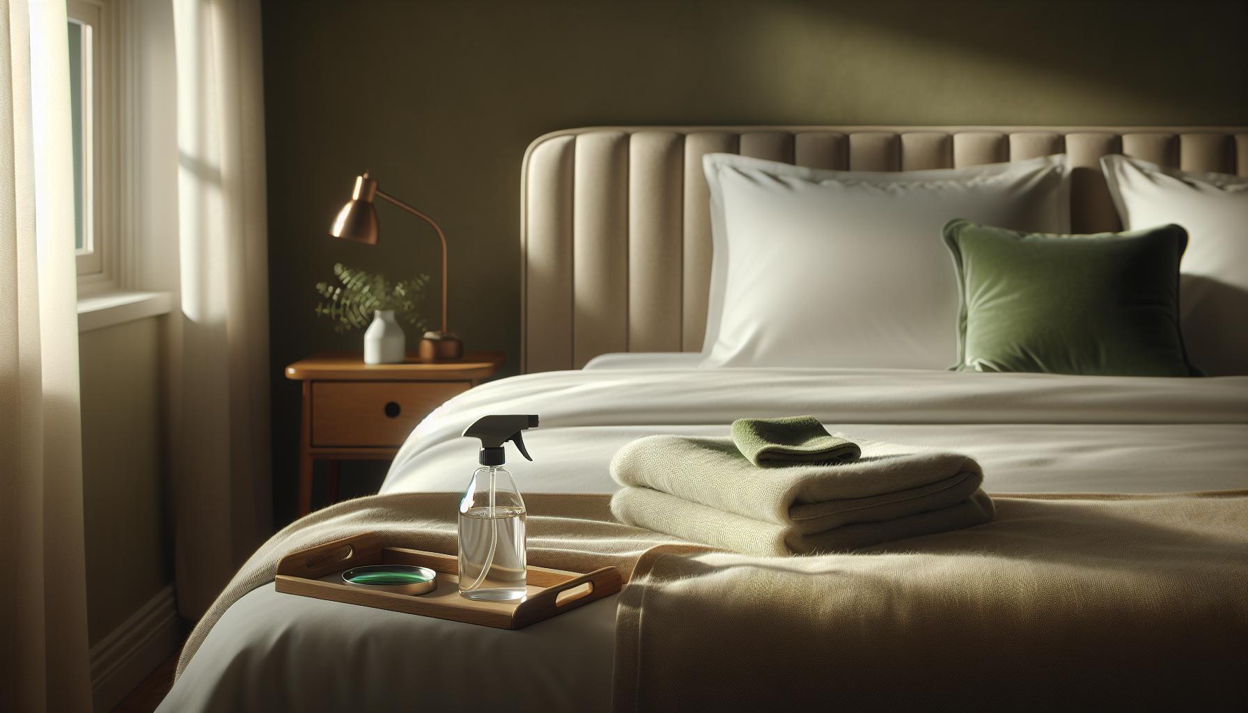 Jak Na Štěnice Babské Rady: Čistá Postel Během Týdne 1 a neatly made bed with a spray bottle of disinfectant or cleaning solution, folded towels, and a wooden tray, ideal for maintaining a čistá postel and prevence in a calm, well-lit bedroom.