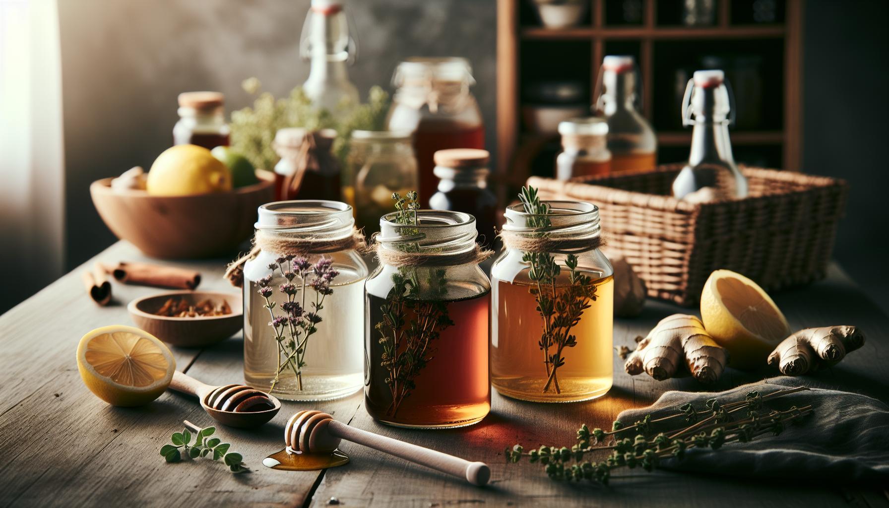 Co Na Kašel Babské Rady: 3 Sirupy, Které Opravdu Fungují 1 homemade jars of herbal honey syrups with thyme, lemon slices, ginger, and spices for natural cough relief and soothing remedies