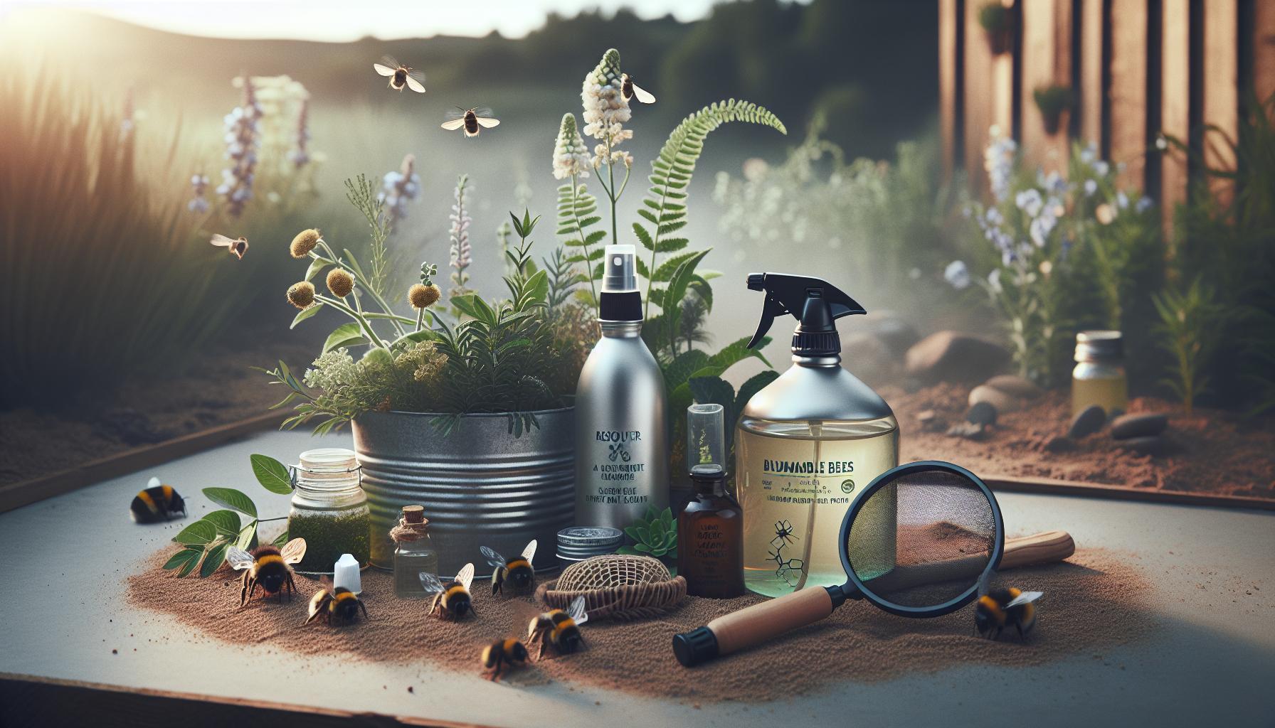 Babské Rady Na Čmelíky: Vyhánění Bez Použití Jedu 1 a rustic tabletop display of natural bee repellent tools, including spray bottles labeled "Drownable Bees" and "Rescuer," jars with herbs, a bee net, and bee figures near flowering plants, illustrating babské rady for přírodní metody of vyhánění čmelíků.