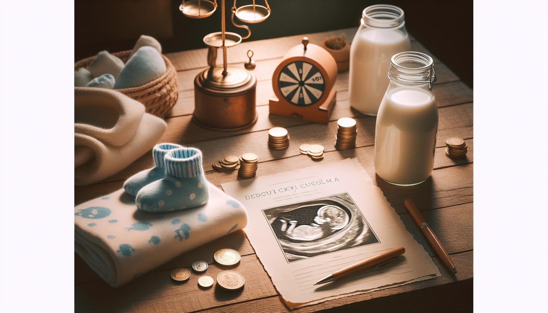 Babské Rady Pohlaví Miminka: Určete Pohlaví Před Ultrazvukem 1 a vintage-themed wooden table displaying a baby ultrasound image, coins, knitted baby booties, milk bottles, and traditional baby items symbolizing pregnancy and family traditions.