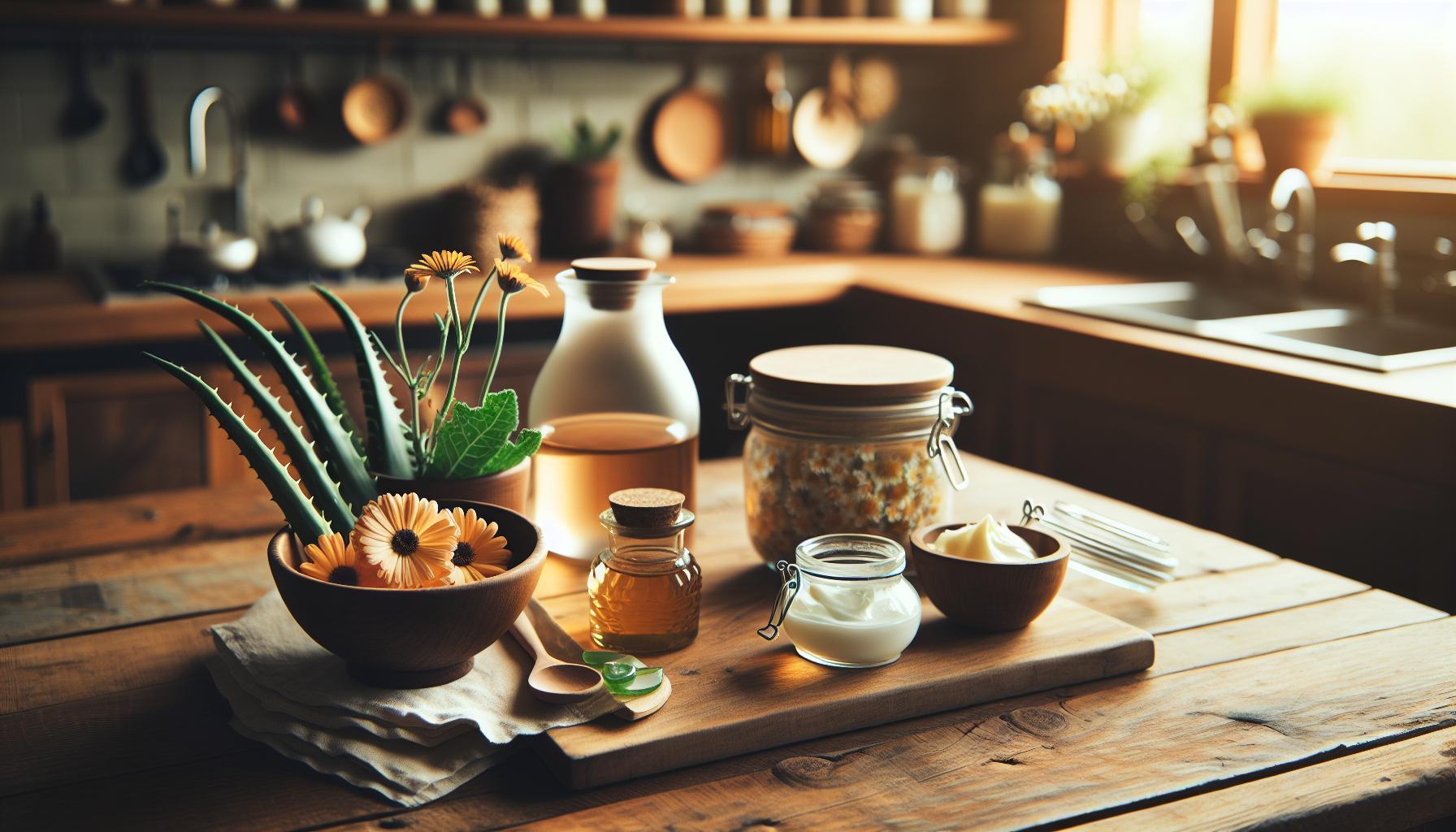 a wooden table displaying natural skincare items including aloe vera with flowers, honey, oil in a bottle, and jars of herbal mixtures for soothing and hydrating dry, irritated skin.
