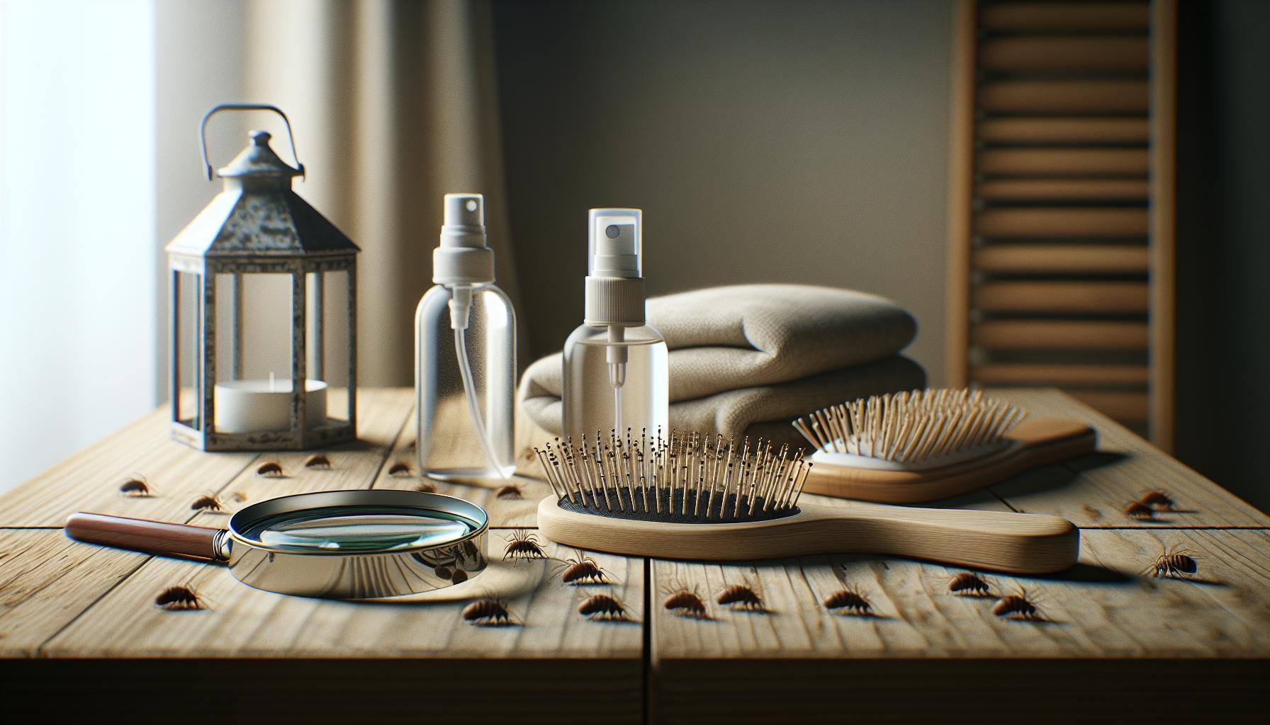 Babské Rady Proti Vším: Vyhubte Parazity Za 24 Hodin 1 natural wooden table displaying hair care tools including a magnifying comb for detecting vši, spray bottles for přírodní léčba, brushes, and a decorative lantern for home use against paraziti