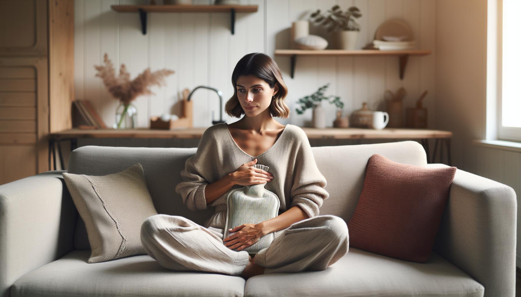 Bolest Břicha Při Menstruaci Babské Rady: Zmírněte Křeče Hned 1 a woman sitting comfortably on a couch holding a warm drink, possibly relaxing during menstrual cramps with a cozy indoor setting.