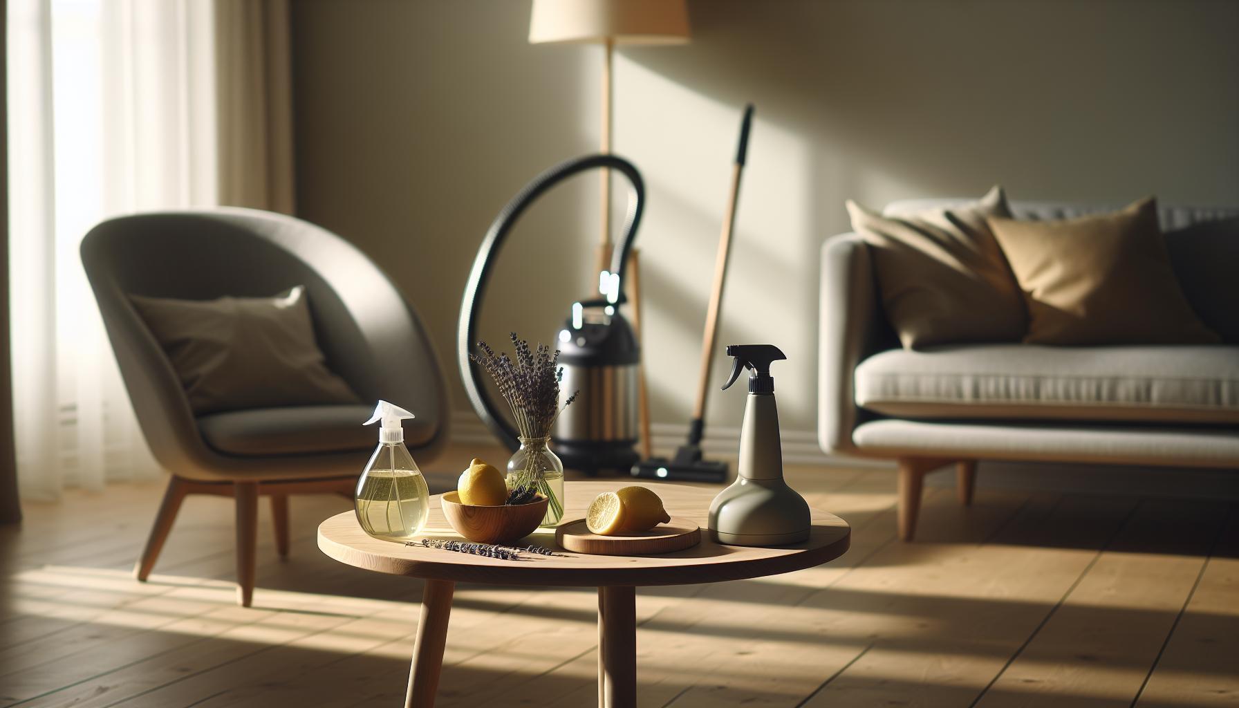 Jak Se Zbavit Blech V Domácnosti Babské Rady: Vyhubte Je Navždy 12 a cozy living room table with cleaning spray bottles, lemon, and natural cleaning items for home hygiene.