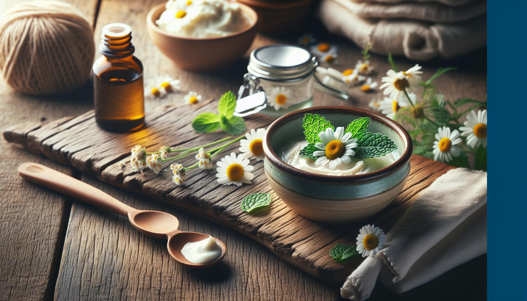 Koutky Babské Rady: Zhojte Prasklé Koutky Rychle 1 natural wooden surface with a bowl of soothing chamomile cream, fresh daisies, wooden spoons, essential oil bottle, and herbal jars for skin care and oral hygiene relief