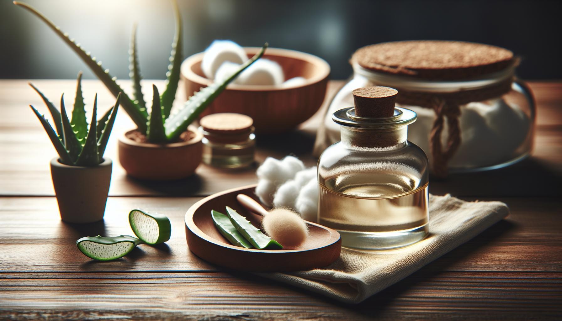 Molusky Babské Rady: Odstraňte Výrůstky Bez Chirurgie 1 natural skincare ingredients including aloe vera plants, gel, and jars with cotton pads for soothing skin irritations