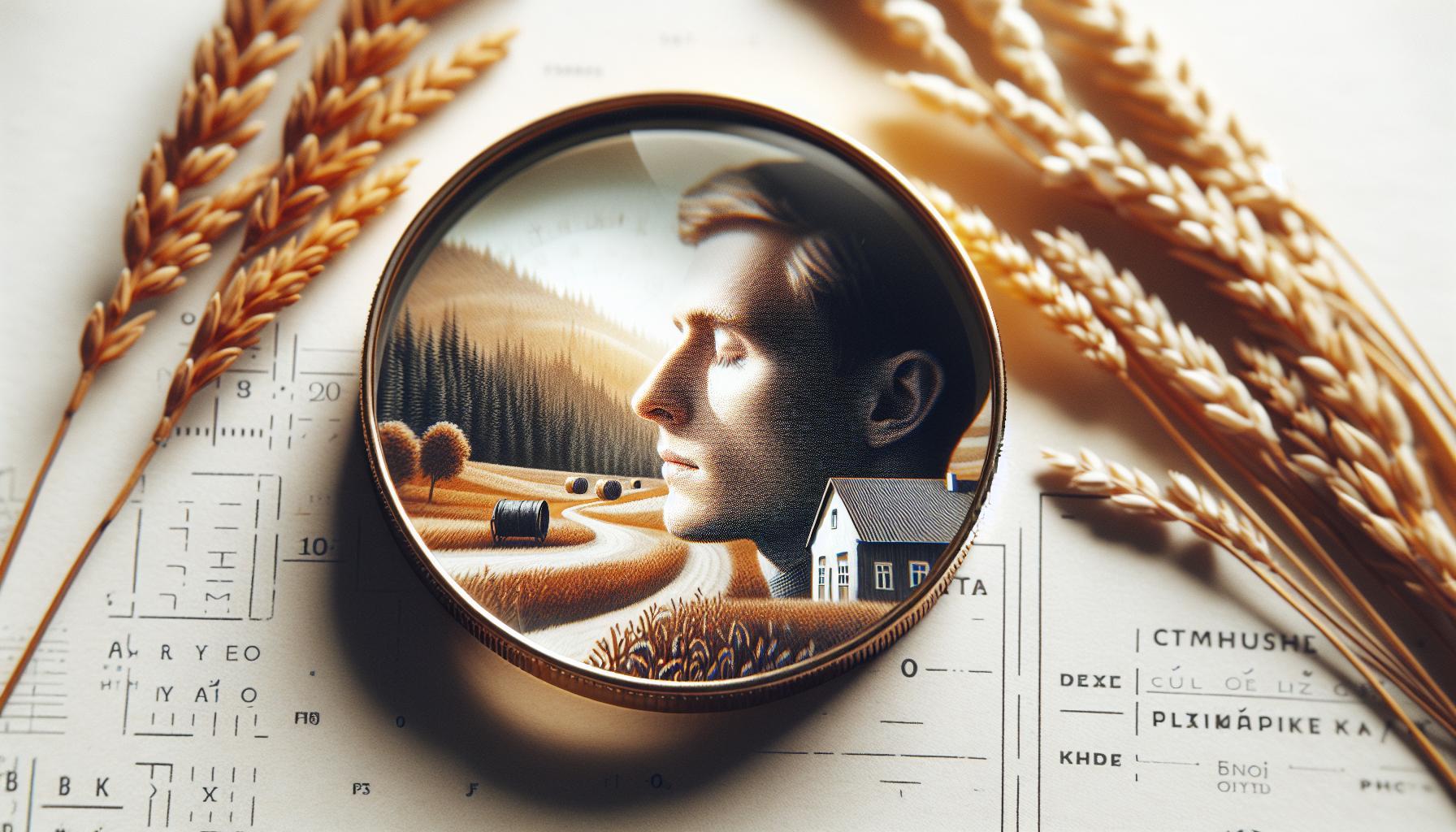 Pálení Očí Babské Rady: Úleva Pro Unavené Oči 1 a vintage magnifying glass focusing on a serene countryside scene with a relaxed person, surrounded by wheat stalks and musical notes sheet, symbolizing rest for eye strain and relaxation.