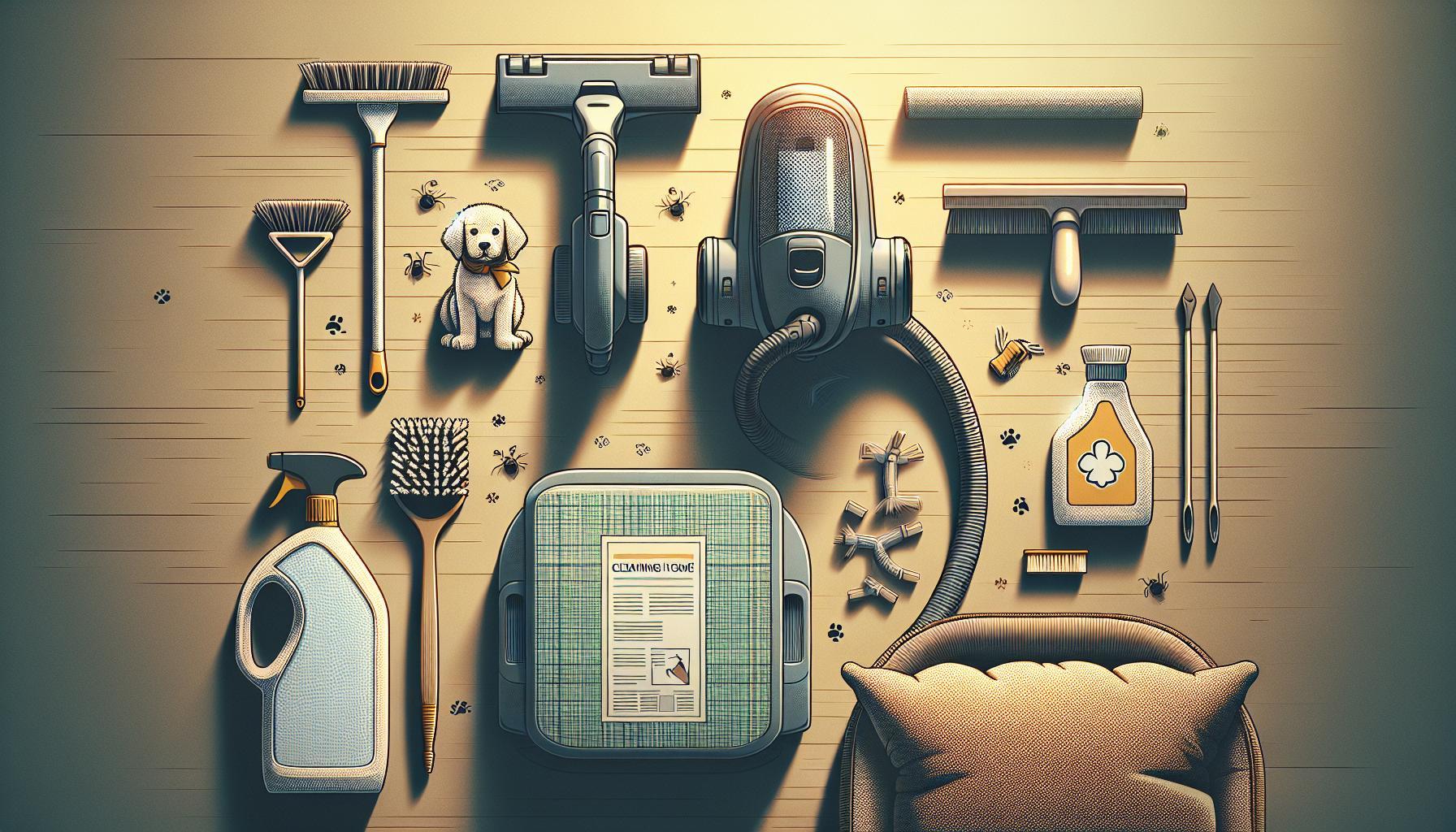 Jak Vyhubit Blechy Babské Rady: Čistá Domácnost Za Den 1 a collection of cleaning tools and natural remedies like a vacuum cleaner, steam cleaner, brushes, sprays, and a bottle of vinegar, alongside a small dog and scattered fleas, illustrating home flea removal and prevention methods.