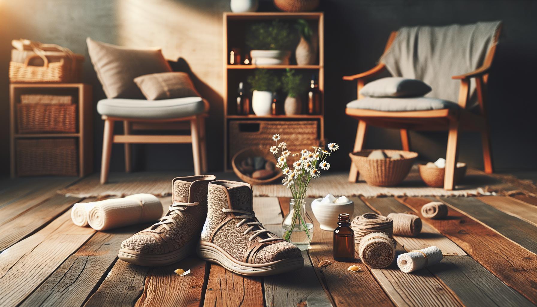 Patní Ostruha Babské Rady: Kráčejte Bez Bolesti 1 a wooden floor setup with leather high-top shoes, rolled towels, a small vase of white flowers, natural remedies like rolled bandages and essential oil bottle, suggesting home foot care and relief for heel discomfort.