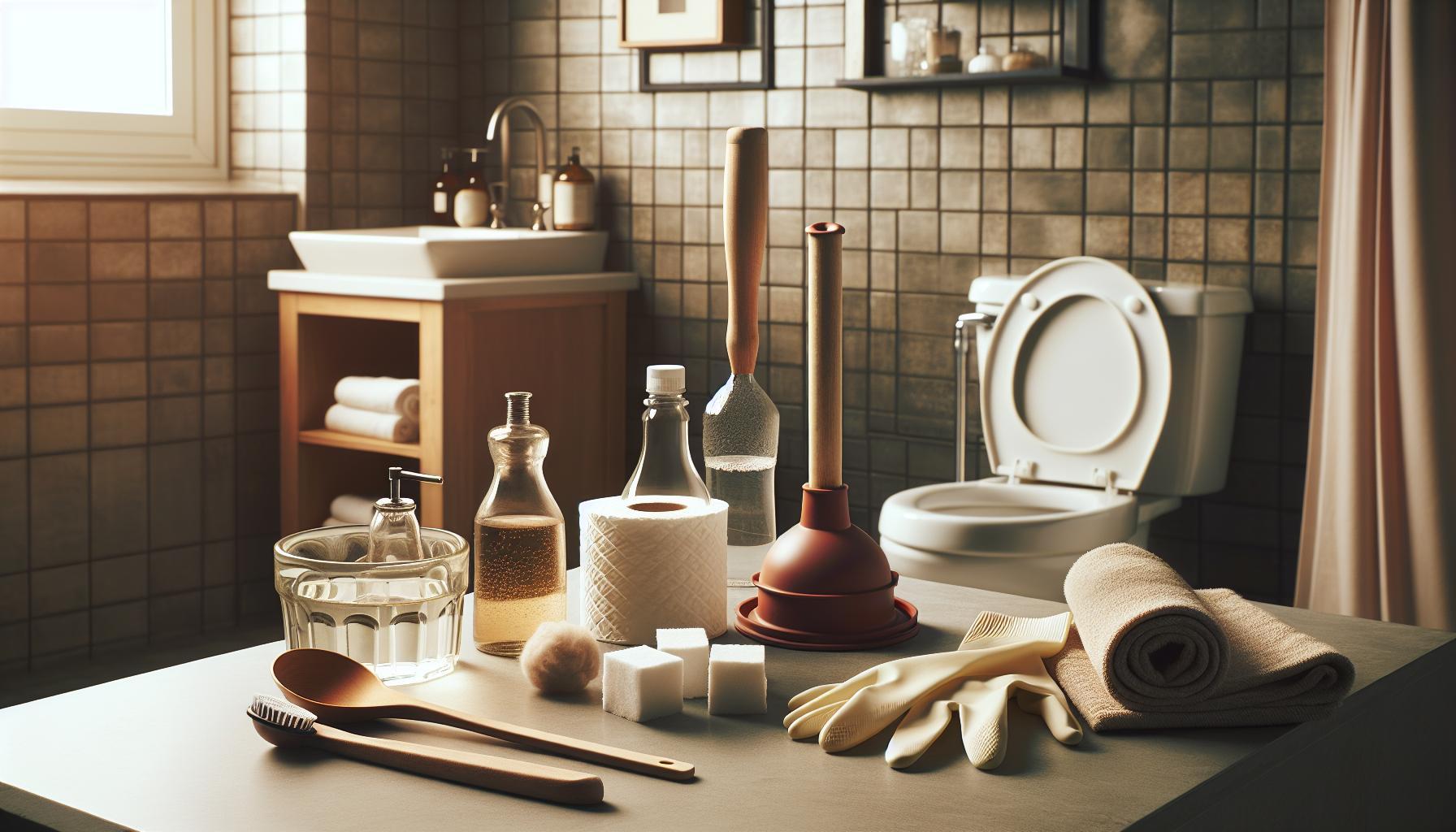a bathroom countertop with cleaning supplies and tools for unclogging a blocked toilet, including a plunger, drain snake, gloves, and cleaning agents.