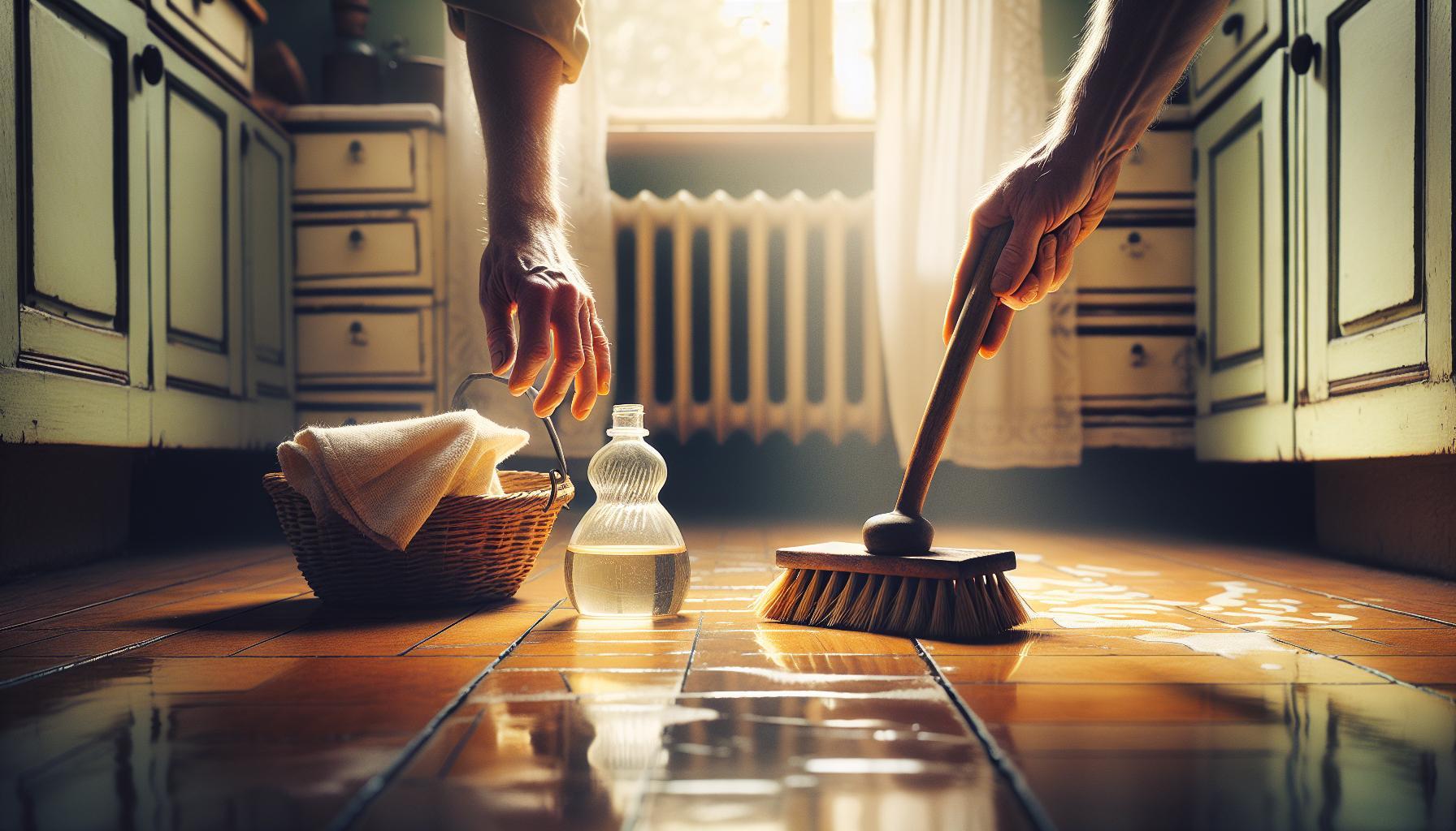 Jak Vyčistit Lino Babské Rady: Lesklá Podlaha Bez Šmouh 1 hands demonstrating how to clean a shiny linoleum floor using a broom, cleaning liquid, and cloth in a vintage kitchen setting