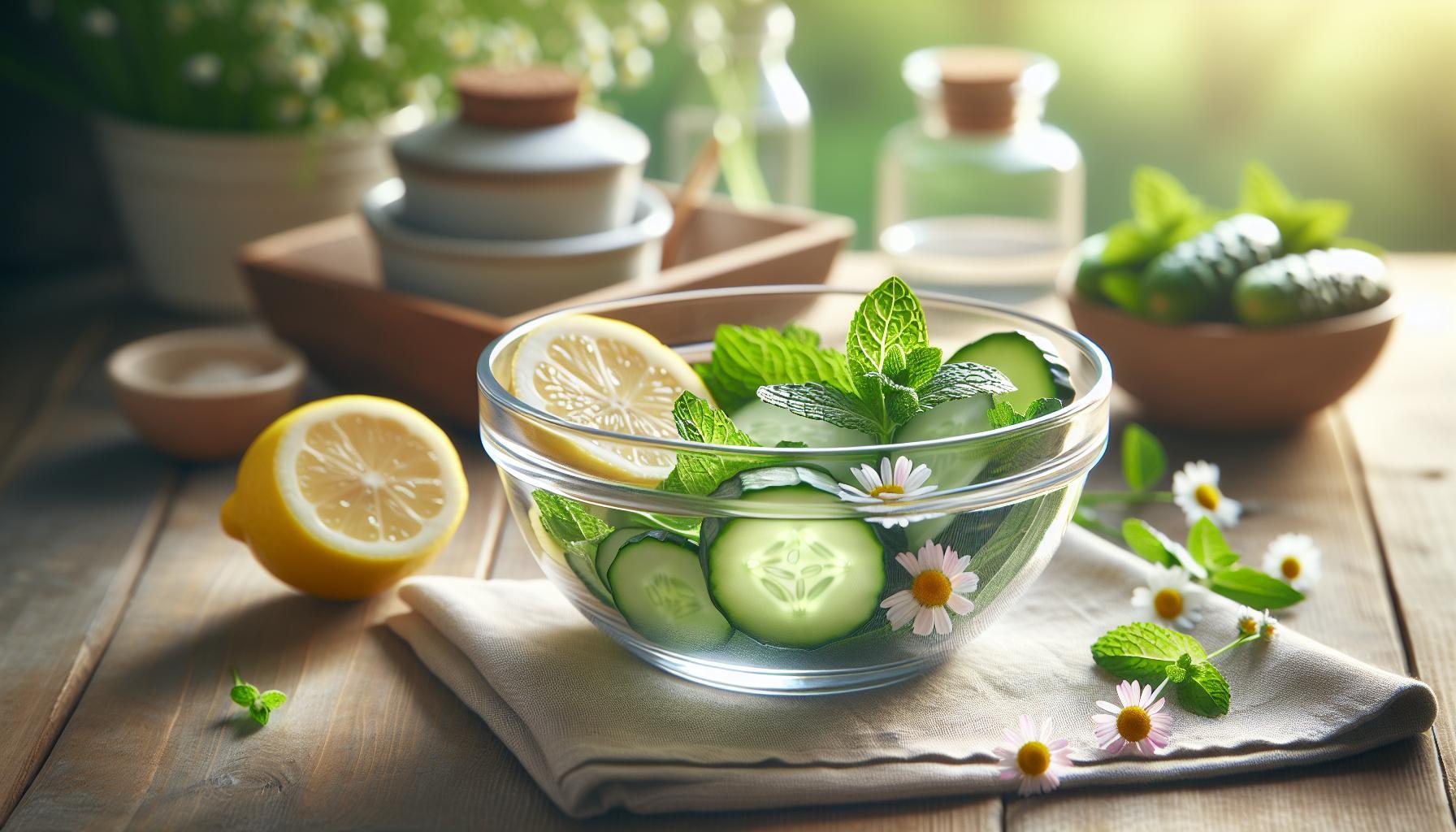 Podkožní Akné Babské Rady: Čistá Pleť Zevnitř Ven 1 a glass bowl with fresh cucumber and lemon slices garnished with mint leaves and daisies, placed on a wooden table with natural skincare items in the background, ideal for promoting čistá pleť and přírodní prostředky.