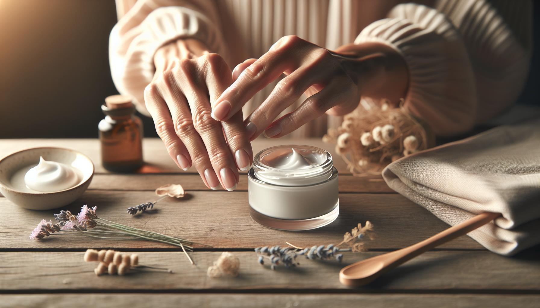 Suché Ruce Babské Rady: Hedvábně Jemné Za Noc 4 a person applying a hydrating cream to their hands, surrounded by natural skincare elements like lavender, wooden spoons, and jars of balms for zachování zdravé a hebké pokožky rukou.