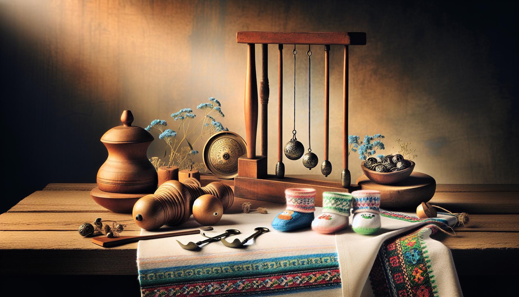 Pohlaví Miminka Babské Rady: Staré Metody Určení Pohlaví 1 traditional wooden spinning tools, handcrafted textiles, and folk items symbolizing old-world methods for predicting a baby’s gender during pregnancy