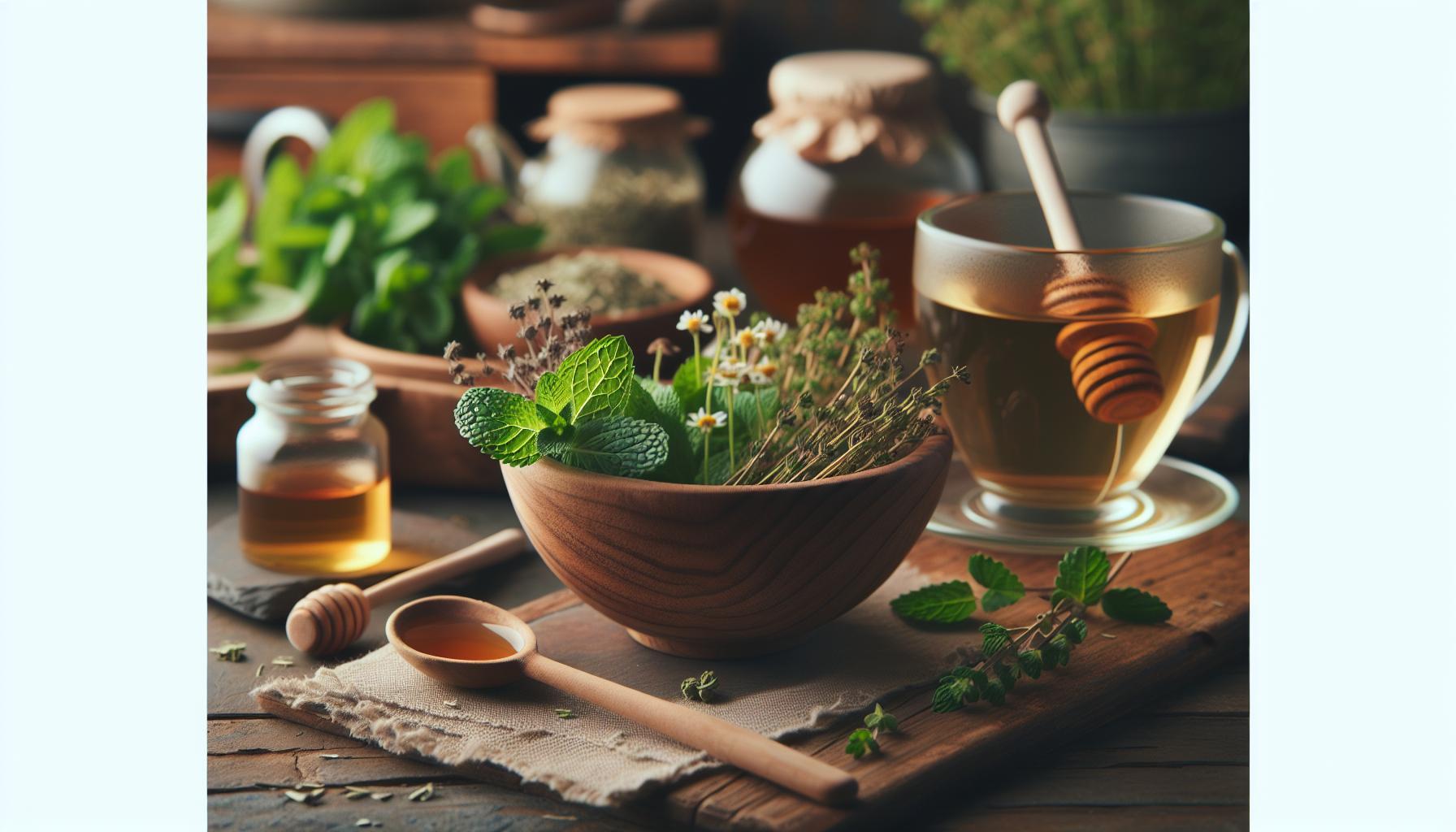 Zánět Dutin Babské Rady: Vyčistěte Dutiny Za 2 Dny 1 a wooden table displaying fresh herbs in a bowl, honey being poured into a cup of herbal tea, and small jars of honey with wooden spoons, suggesting natural remedies for respiratory wellness