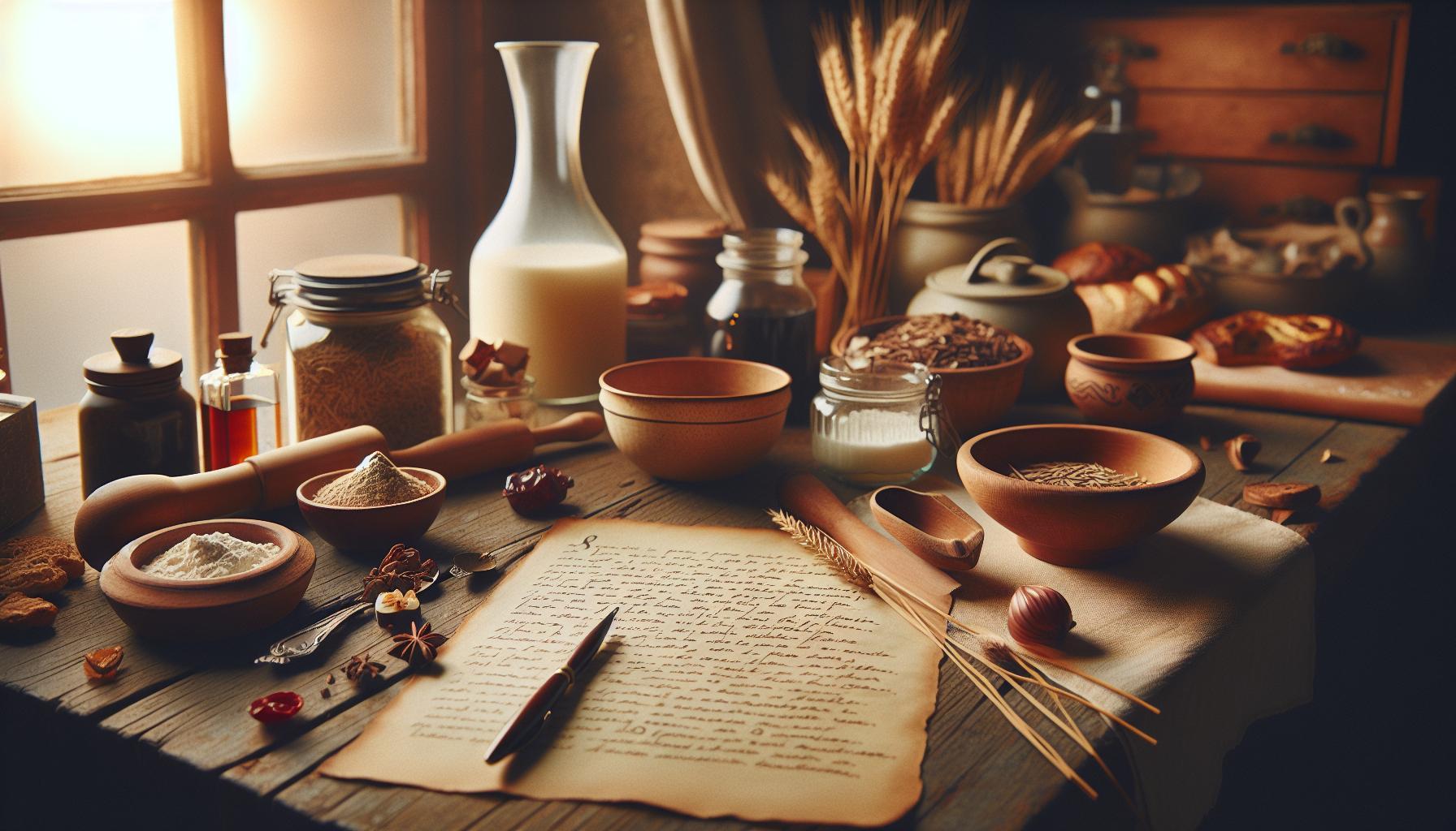 Strunecká Babské Rady: Vše O Tradičních Receptech 1 a rustic wooden table displaying traditional ingredients, handwritten recipe notes, wooden bowls with spices, herbs like star anise, and jars of grains, evoking babské rady for trávení and národní recepty.