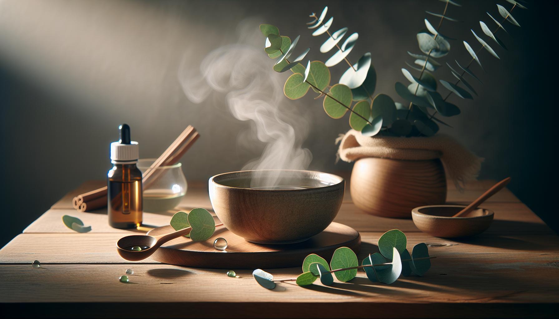 a steaming herbal bowl surrounded by natural remedies, eucalyptus leaves, and wellness items for respiratory relief and better breathing