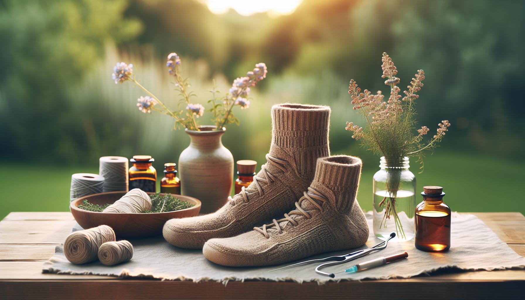 Zánět Achilovky Babské Rady: Zahojte Šlachu Bez Injekcí 1 a pair of knitted ankle-high shoes placed on a wooden table surrounded by natural remedies, including yarn, herbal bottles, dried plants, and vases with flowers, suggesting traditional and holistic healing methods for foot and ankle care.