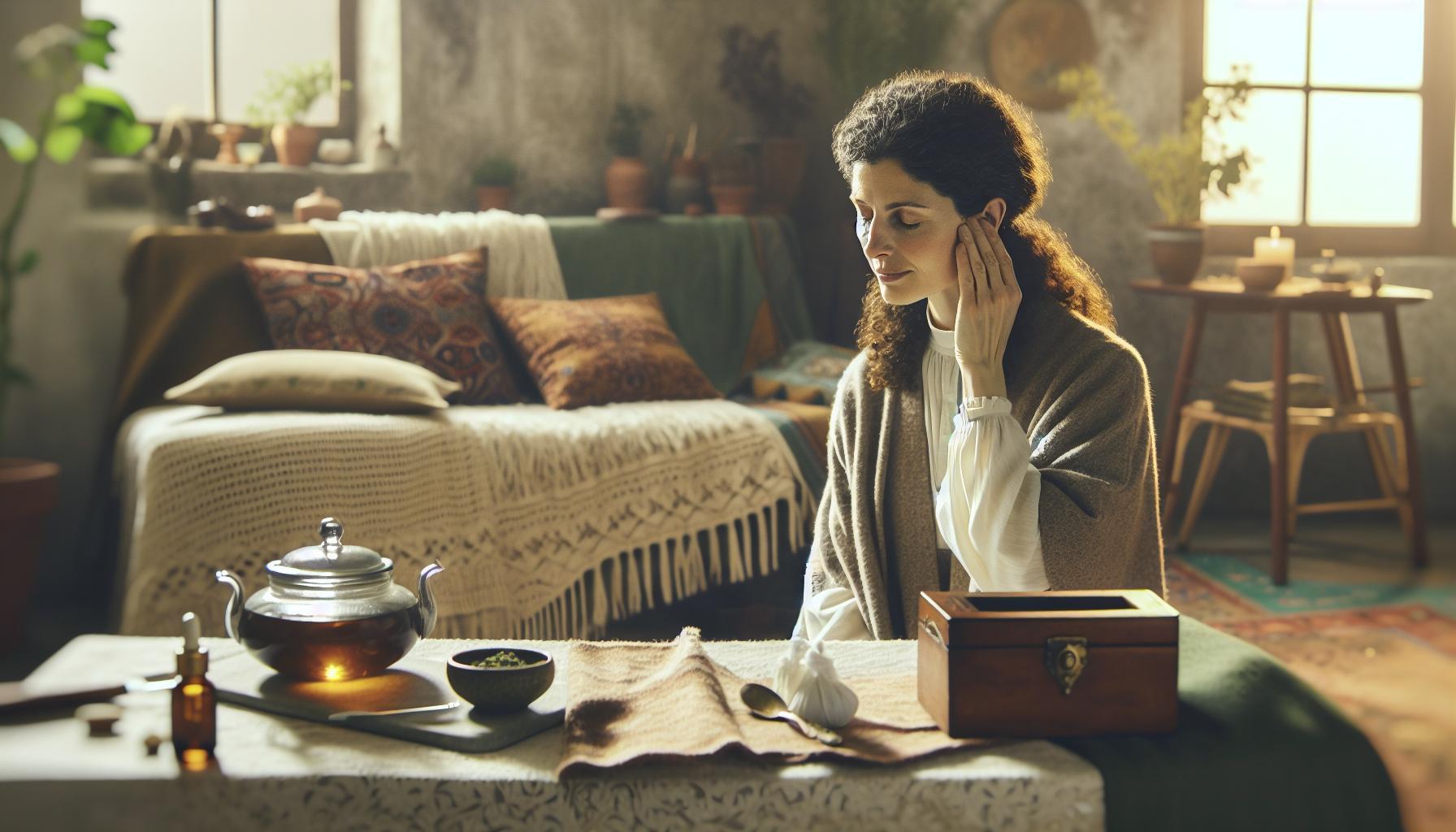 Zalehlé Uši Při Rýmě Babské Rady: Slyšte Jasně Během Hodin 3 a woman holding her ear while sitting by a cozy table with herbal tea, candles, and a warm, homey setting suggesting relief for ear pressure.