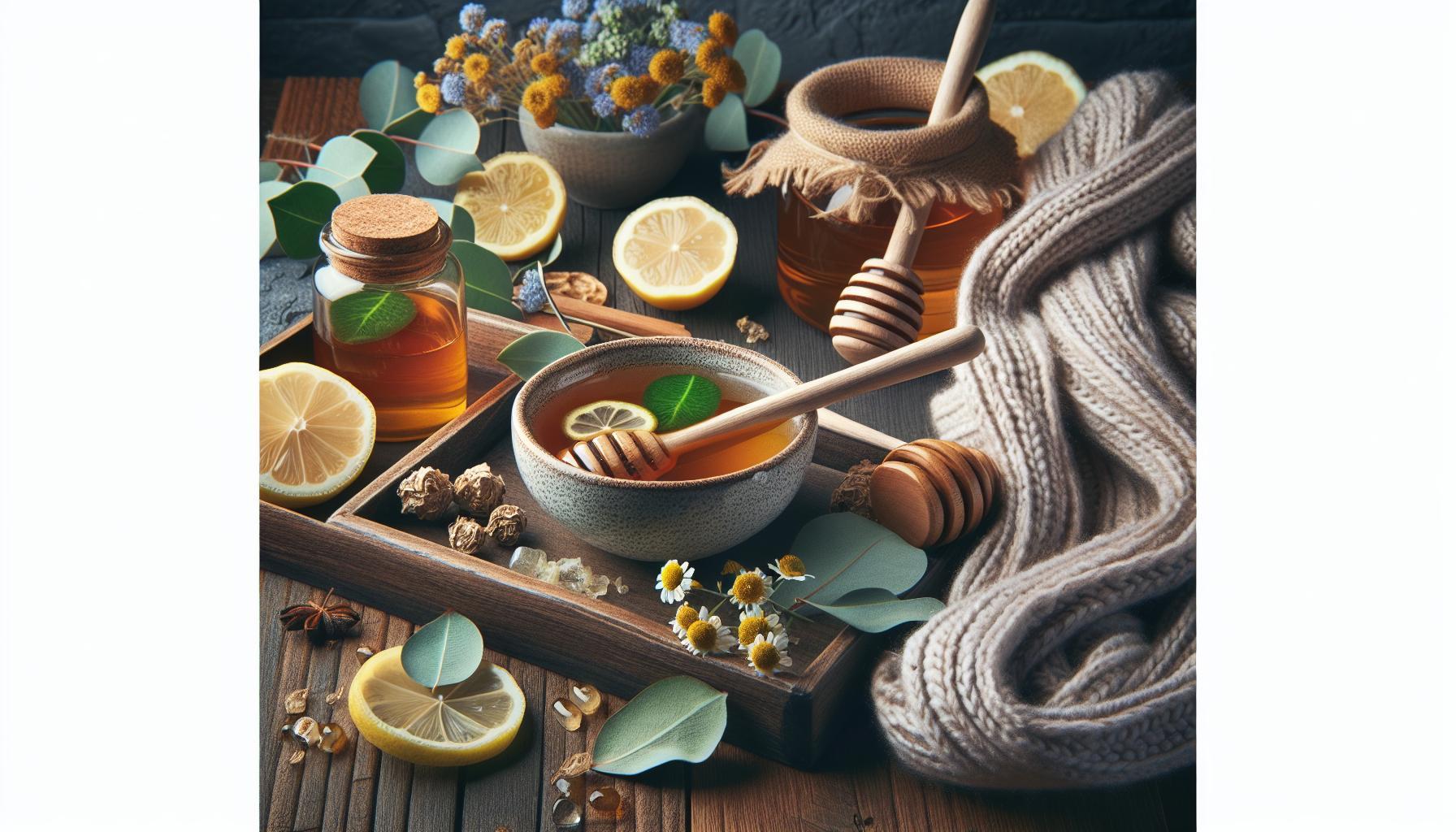 Babské Rady Na Dráždivý Kašel: Zklidněte Úporný Kašel Okamžitě 1 a wooden tray with honey, lemon slices, herbal tea in a bowl, and natural remedies for soothing a dráždivý kašel using babské rady
