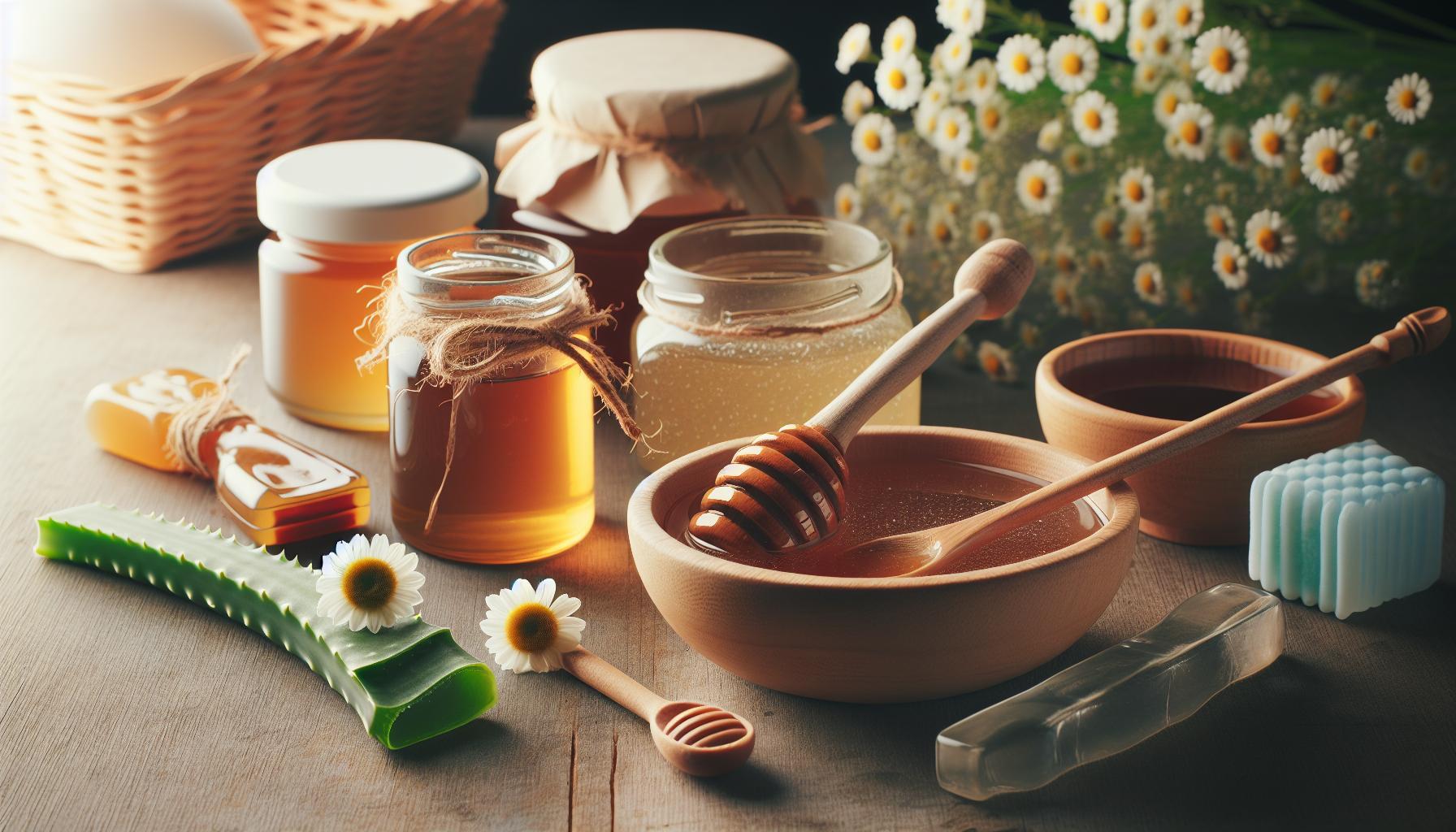 Babské Rady Na Afty: Bolestivé Afty Zmizí Za 2 Dny 11 natural wooden table displaying honey jars, honey dippers, aloe vera leaf, and soothing oral care items for healing mouth ulcers and maintaining healthy gums