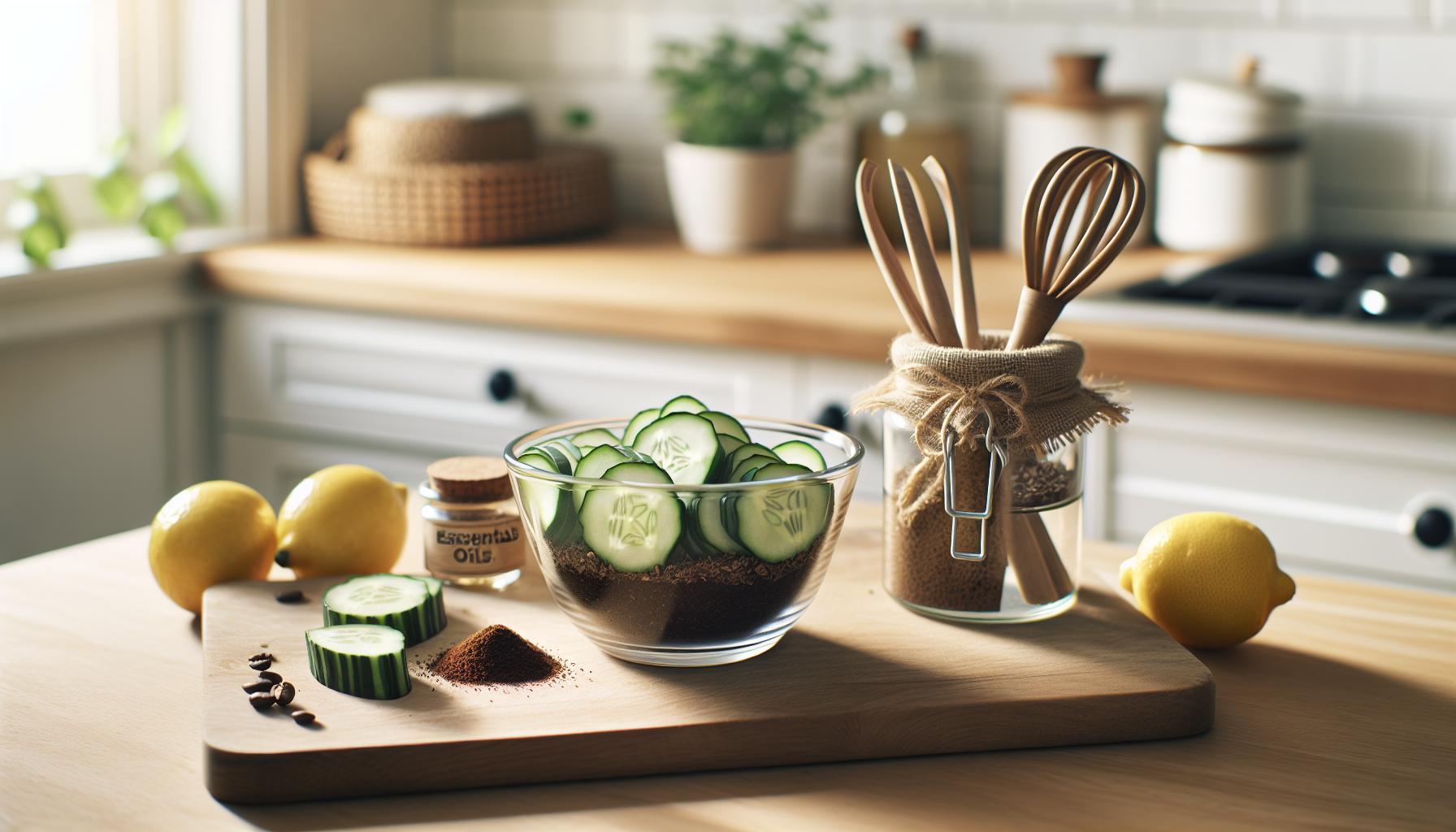 Babské Rady Na Mravence: Vyhánějte Mravence Z Domácnosti 12 a wooden cutting board with sliced cucumbers, lemons, black pepper, and a jar of essential oils, suggesting natural DIY pest control remedies