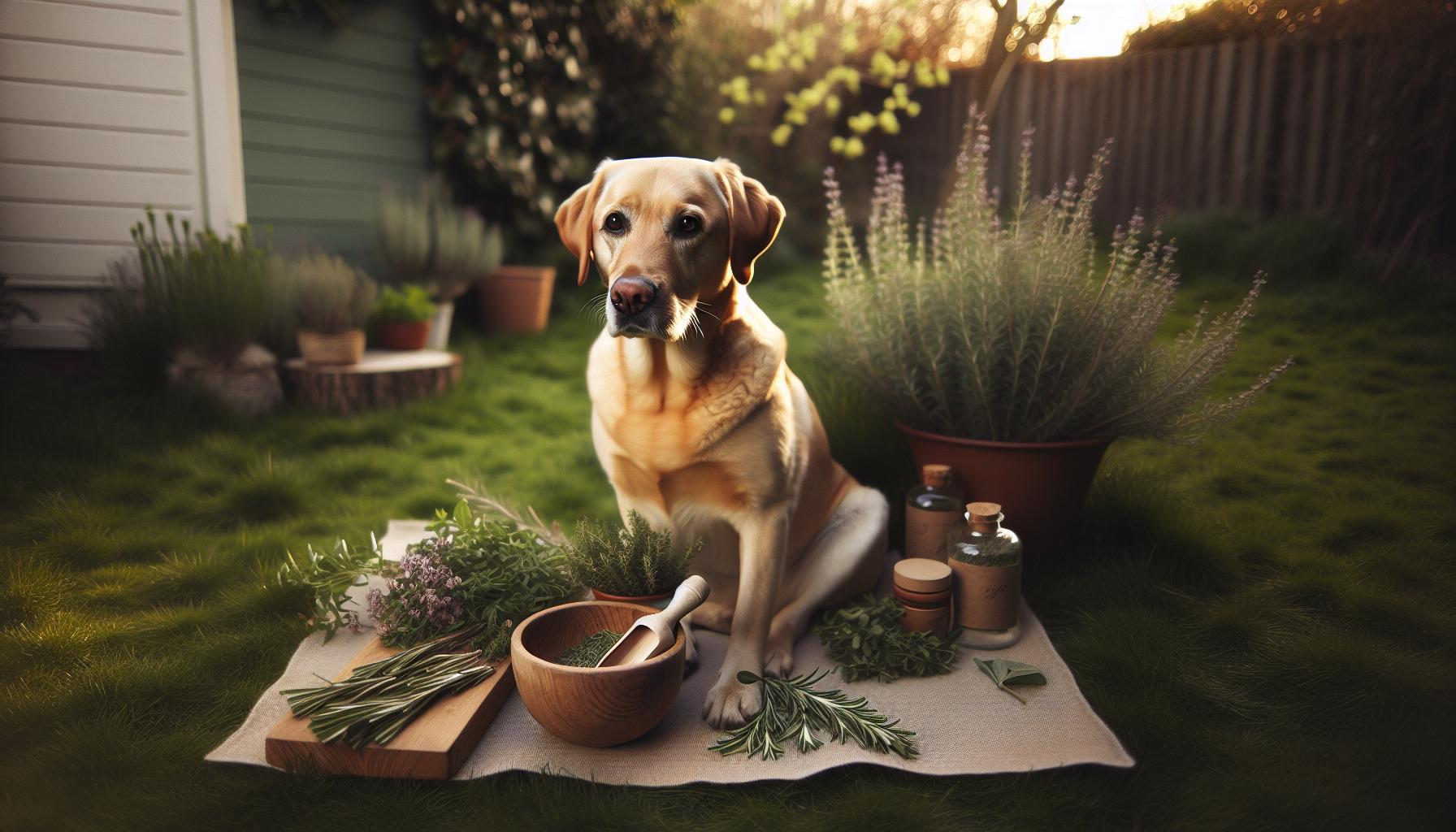 Babské Rady Na Psí Blechy: Zbavte Psa Parazitů Přírodně 1 a golden Labrador sitting beside a wooden mortar with herbs and essential oils, surrounded by potted plants, illustrating natural, chemical-free care methods for pets.