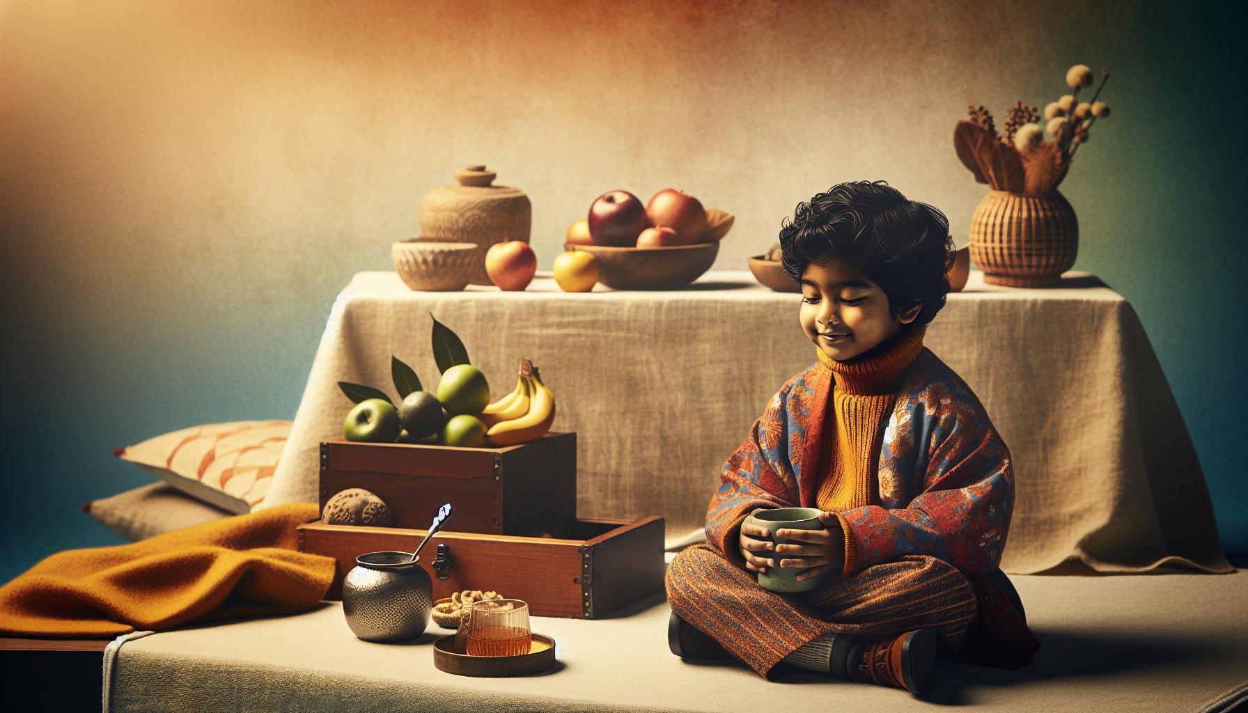 Babské Rady Na Zácpu U Dětí: Úleva Bez Projímadel 1 a young child sitting cross-legged, holding a warm cup, surrounded by fresh fruits and natural elements, suggesting calm and healthy relaxation.