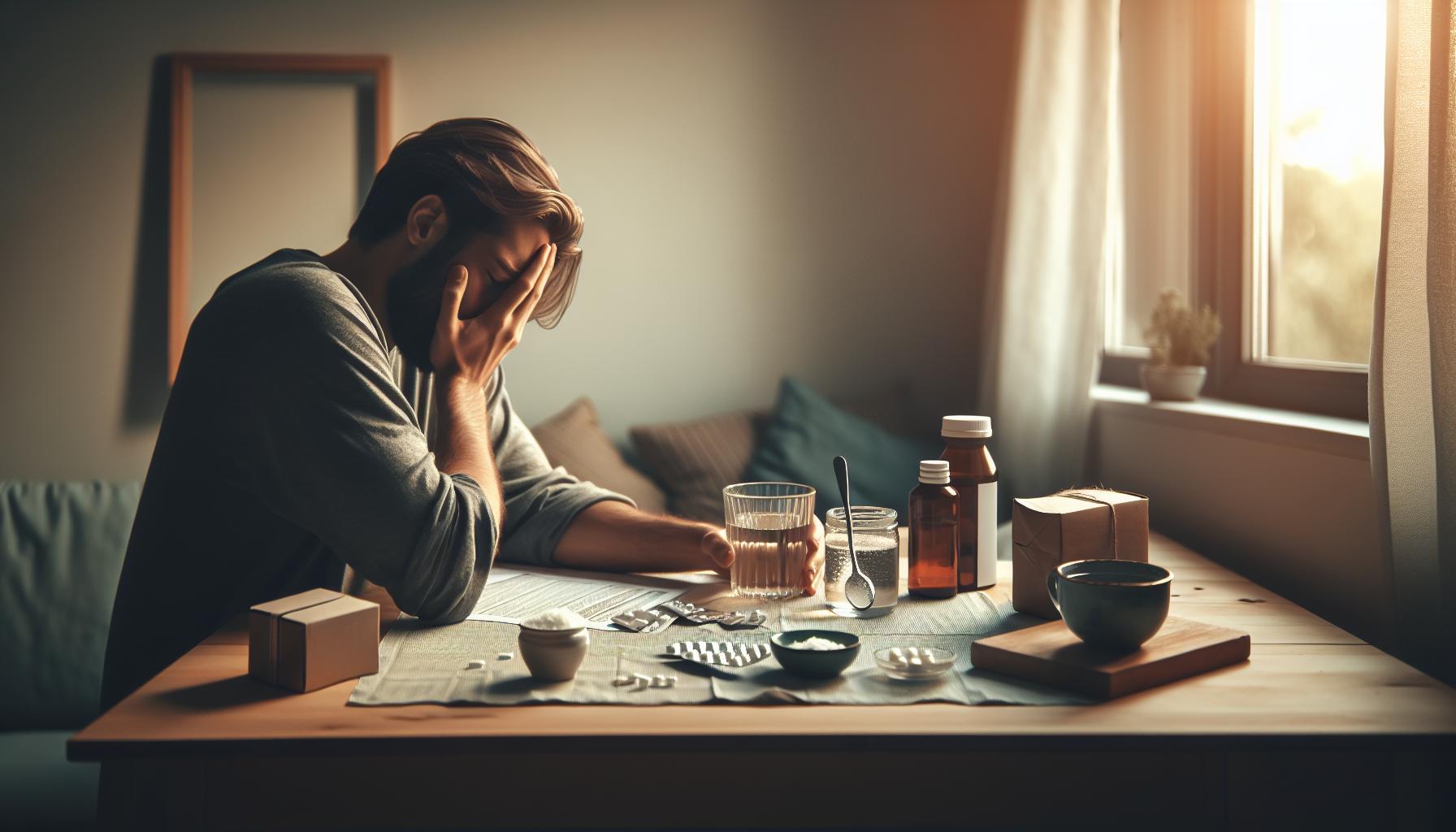 Babské Rady Bolest Zubů: Přežijte Noc Bez Zubaře 3 a person suffering from toothache holding their head while surrounded by home remedies like tea bags, cloves, and medicinal bottles on a table.