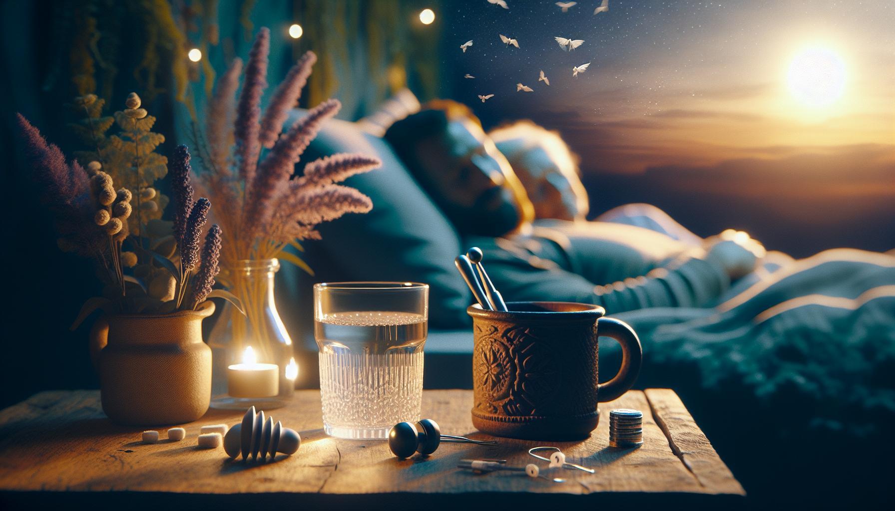 Babské Rady Na Chrápání: Tiché Noci Pro Celou Rodinu 1 a cozy evening setup with a glass of water, herbal tea in a mug, dried plants, honey, and candles to promote relaxation and klidný spánek.