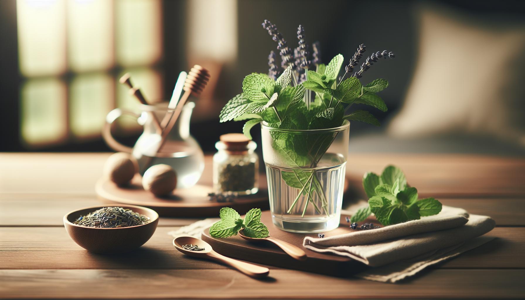 Co Na Bolest Hlavy Babské Rady: Úleva Během 10 Minut 1 a glass of fresh mint and lavender-infused water with wooden spoons, honeycomb, herbal tea, and natural remedies for relaxation and úleva při bolesti hlavy