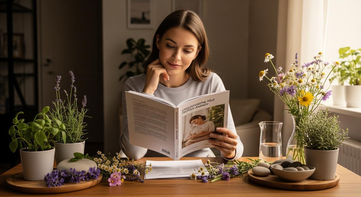 Nejlepší postup pro Babské rady na otěhotnění: Průvodce pro začátečníky 1 a woman reading a book titled "Understanding Your Fertility Journey" surrounded by natural elements like flowers, herbs, and crystals, suggesting traditional and natural preparation for conception.